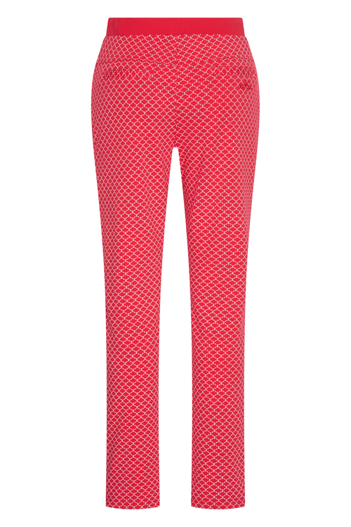 HV Society Gwyneth red printed trousers in a soft stretch cotton blend. Easy pull-on fit with a flattering slim leg. Shop at Dotique.