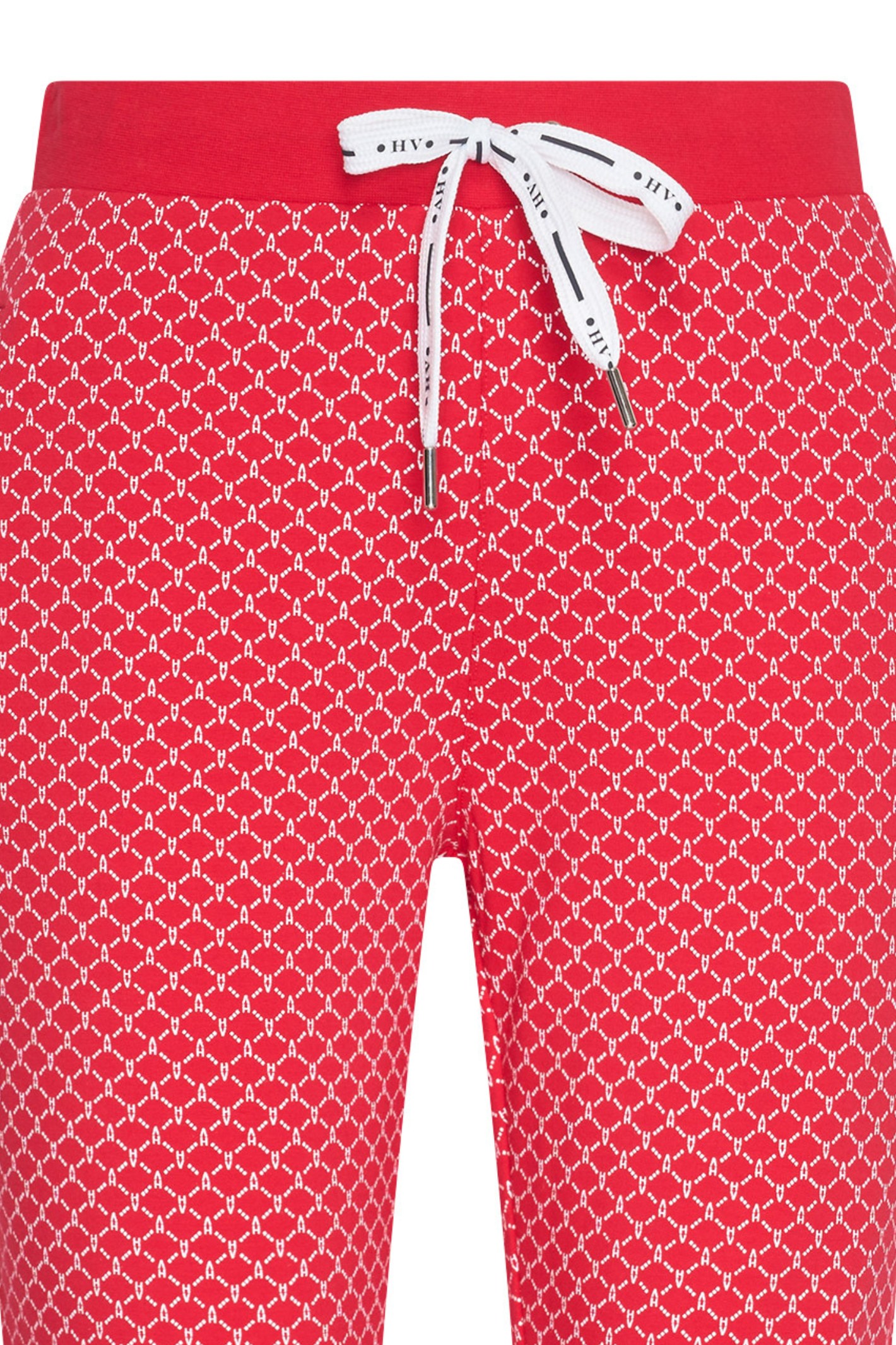 HV Society Gwyneth red printed trousers in a soft stretch cotton blend. Easy pull-on fit with a flattering slim leg. Shop at Dotique.