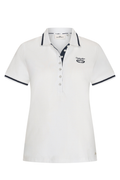 HV Society HVSMadeline White Polo Shirt with navy accents and buttons, shop the vendor HV Society at Dotique for stylish polos