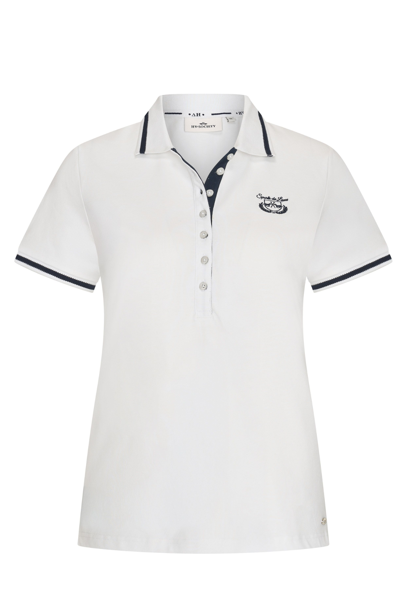 HV Society HVSMadeline White Polo Shirt with navy accents and buttons, shop the vendor HV Society at Dotique for stylish polos