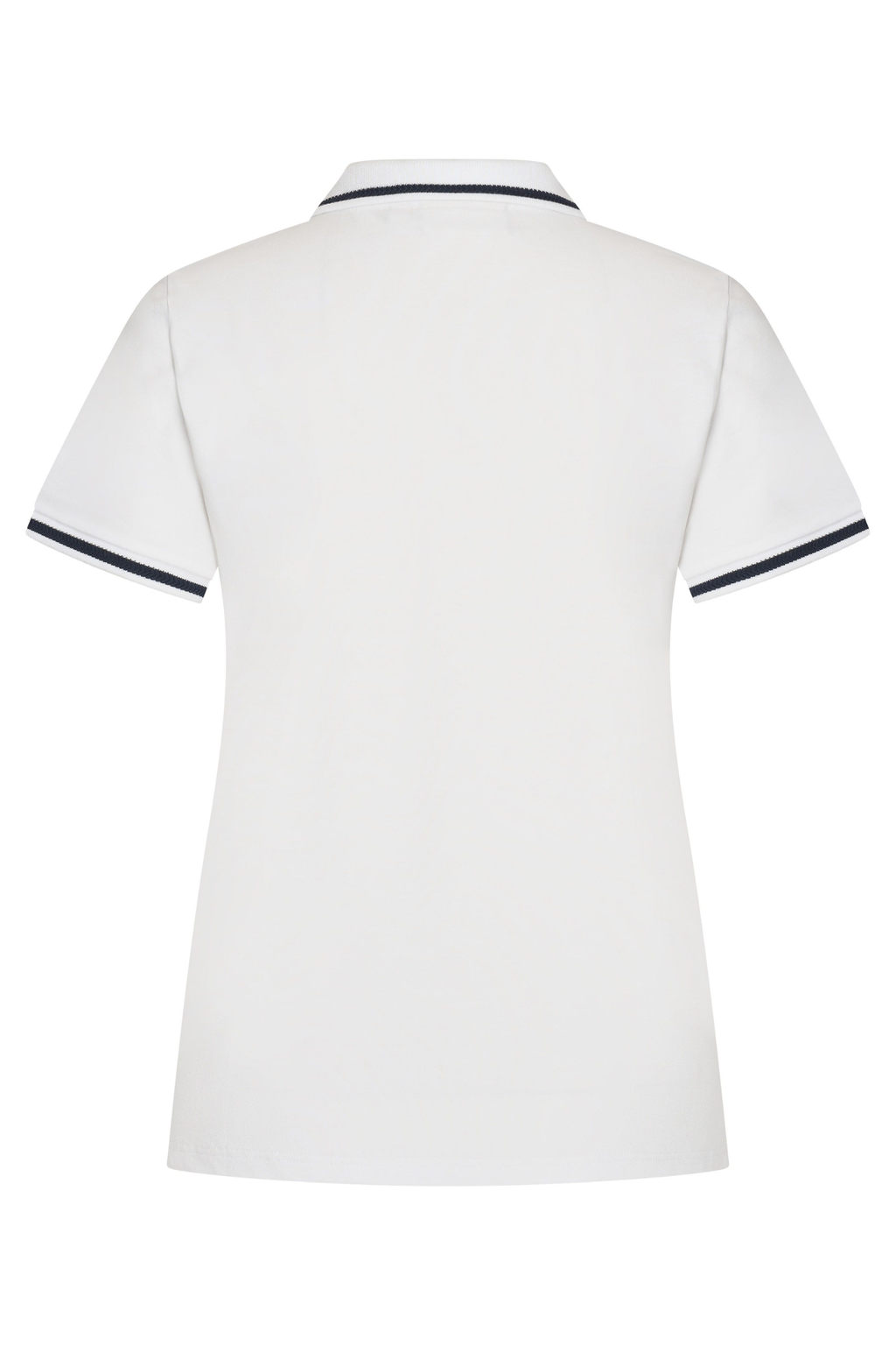 Back view of HV Society HVSMadeline White Polo Shirt with navy trim, shop HV Society at Dotique for stylish options.