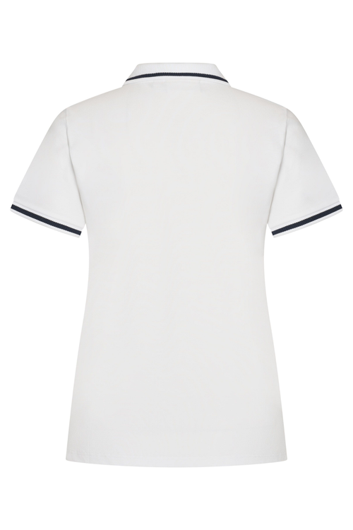 Back view of HV Society HVSMadeline White Polo Shirt with navy trim, shop HV Society at Dotique for stylish options.