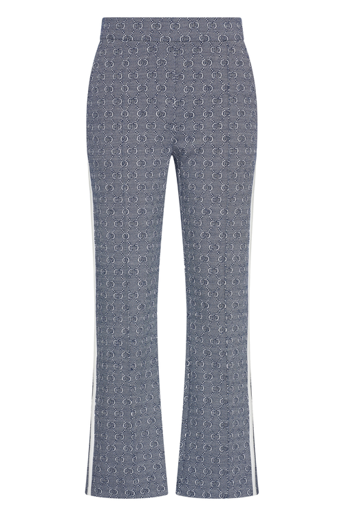 HV Society Naomi navy trousers in a soft stretch jersey with a flattering slim flared leg. Comfortable, polished and easy to wear. Shop at Dotique.