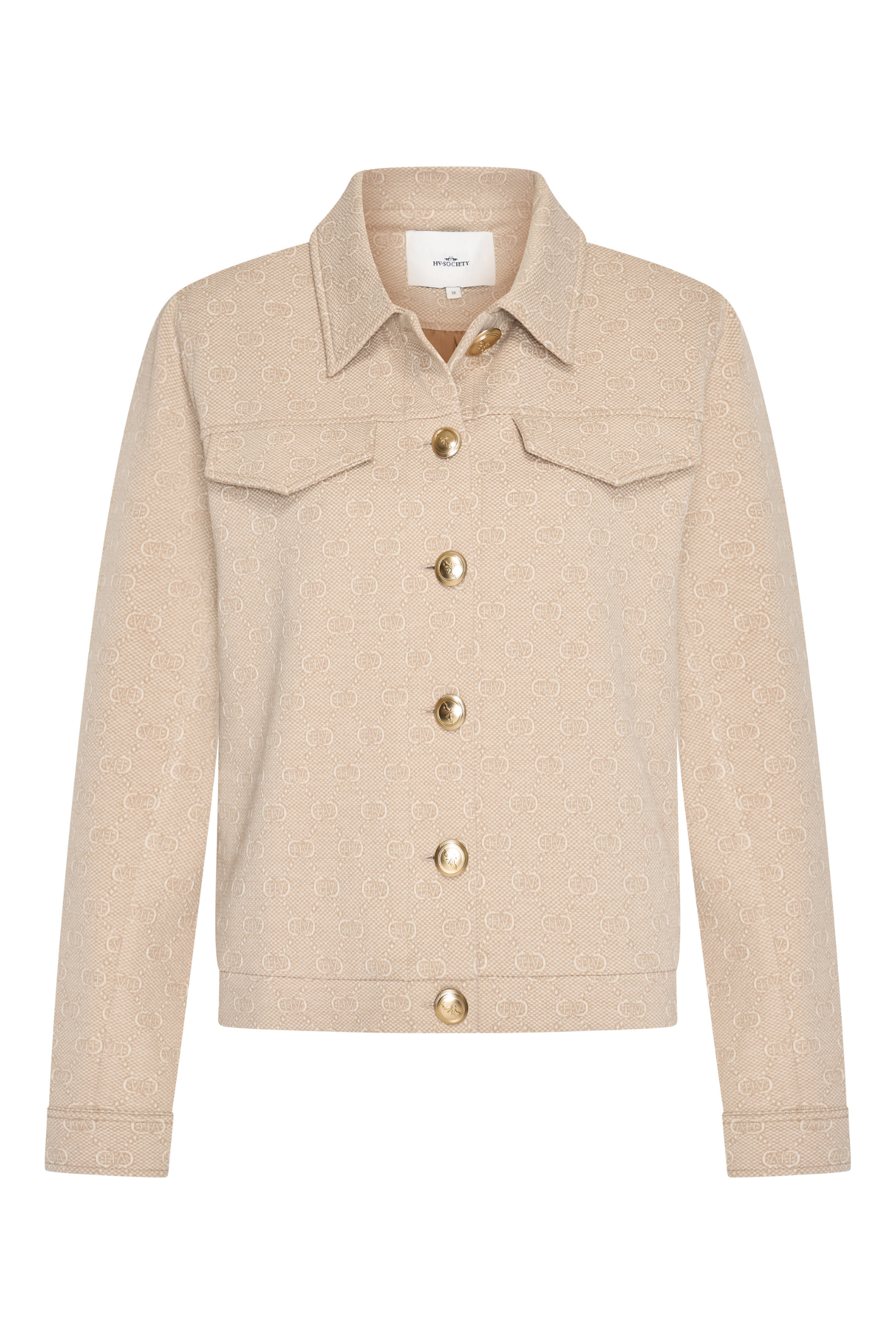 HV Society Natalie jacket in sand with subtle monogram and gold buttons. Soft stretch fabric for a flattering, comfortable fit. Shop at Dotique.