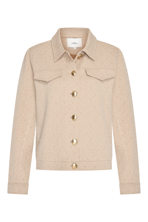 HV Society Natalie jacket in sand with subtle monogram and gold buttons. Soft stretch fabric for a flattering, comfortable fit. Shop at Dotique.