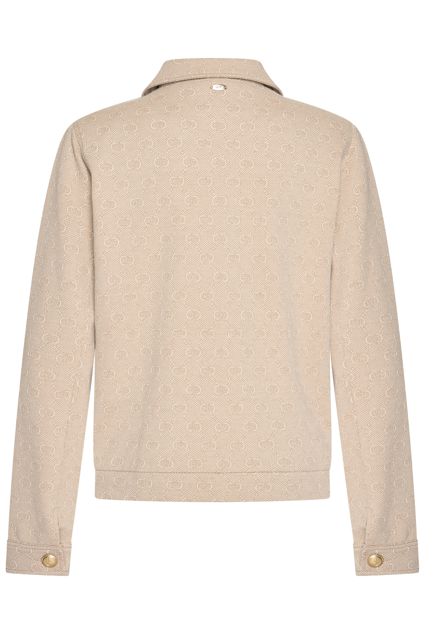 HV Society Natalie jacket in sand with subtle monogram and gold buttons. Soft stretch fabric for a flattering, comfortable fit. Shop at Dotique.