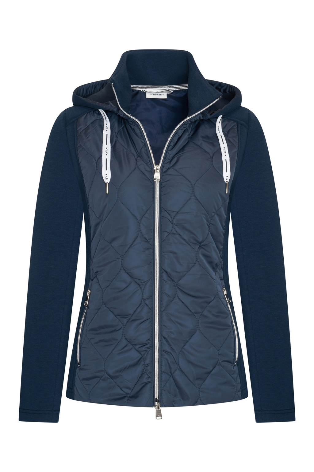 HV Society Rose navy quilted cardigan with zip front and hood. Soft, flattering and perfect for everyday layering. Shop now at Dotique.