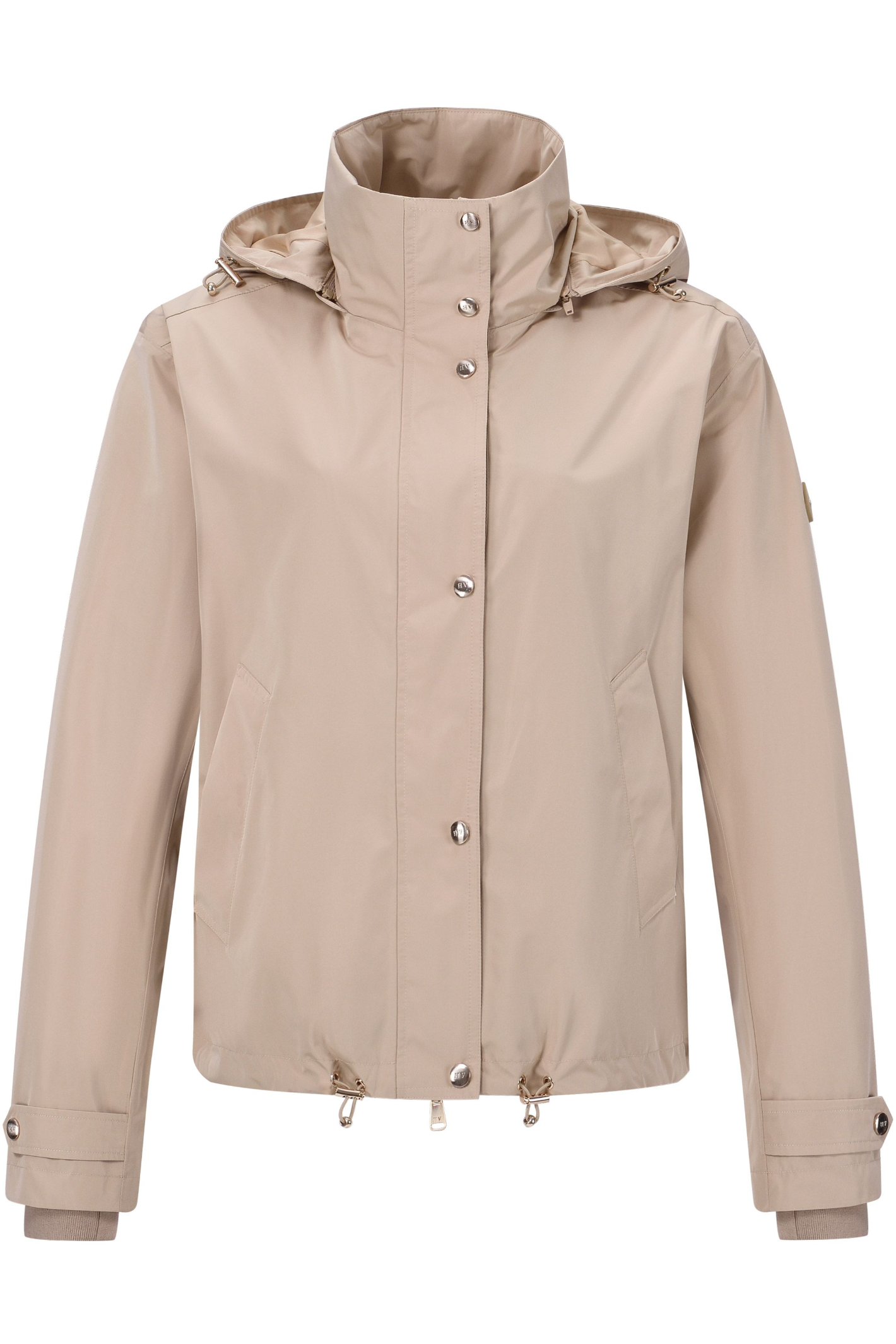 HV Society Tate sand functional jacket with hood and practical details. Lightweight, flattering and easy to wear every day. Shop at Dotique.