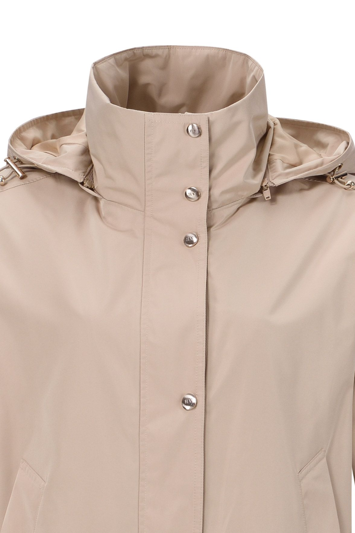 HV Society Tate sand functional jacket with hood and practical details. Lightweight, flattering and easy to wear every day. Shop at Dotique.