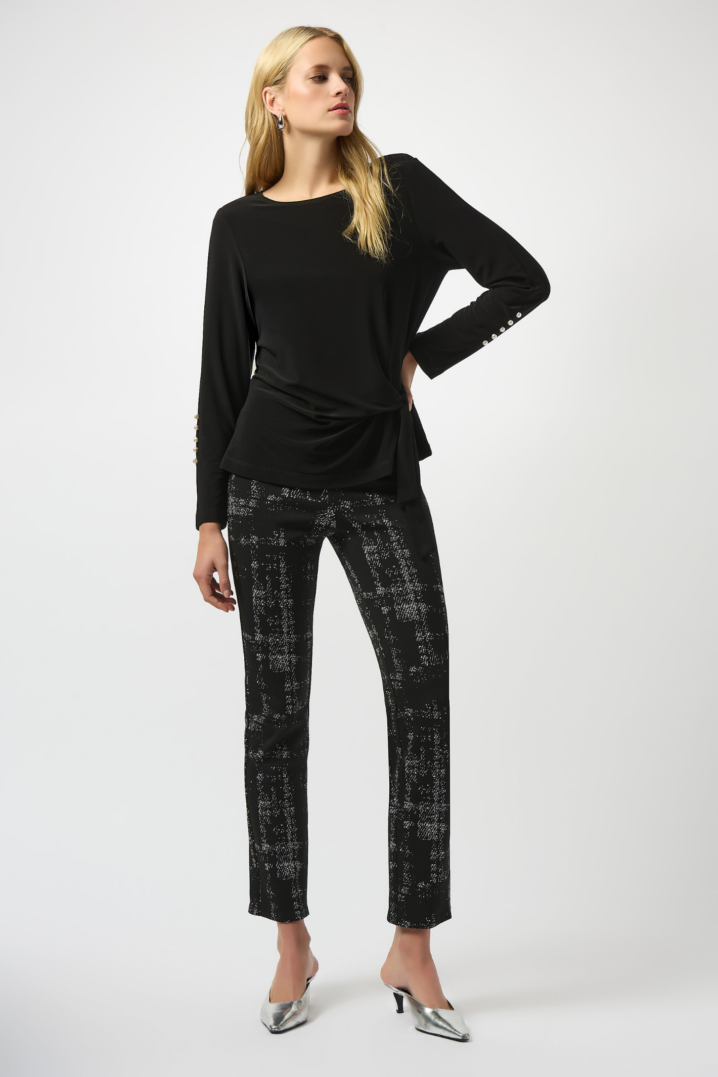 Joseph Ribkoff plaid jacquard knit pull-on trousers with elastic waistband