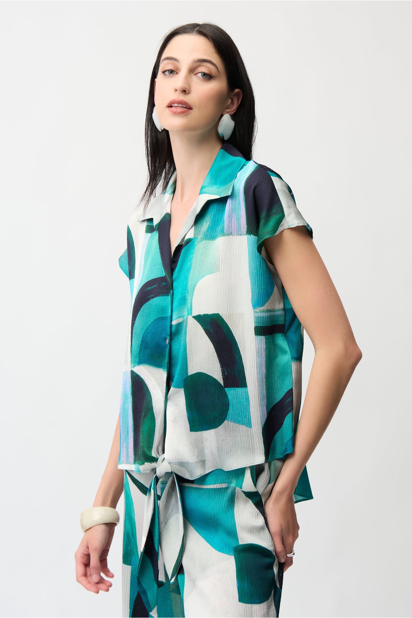 Joseph Ribkoff 261065 Textured Satin Geometric Print Boxy Top With Front Ties by joseph ribkoff shop at Dotique side angled view