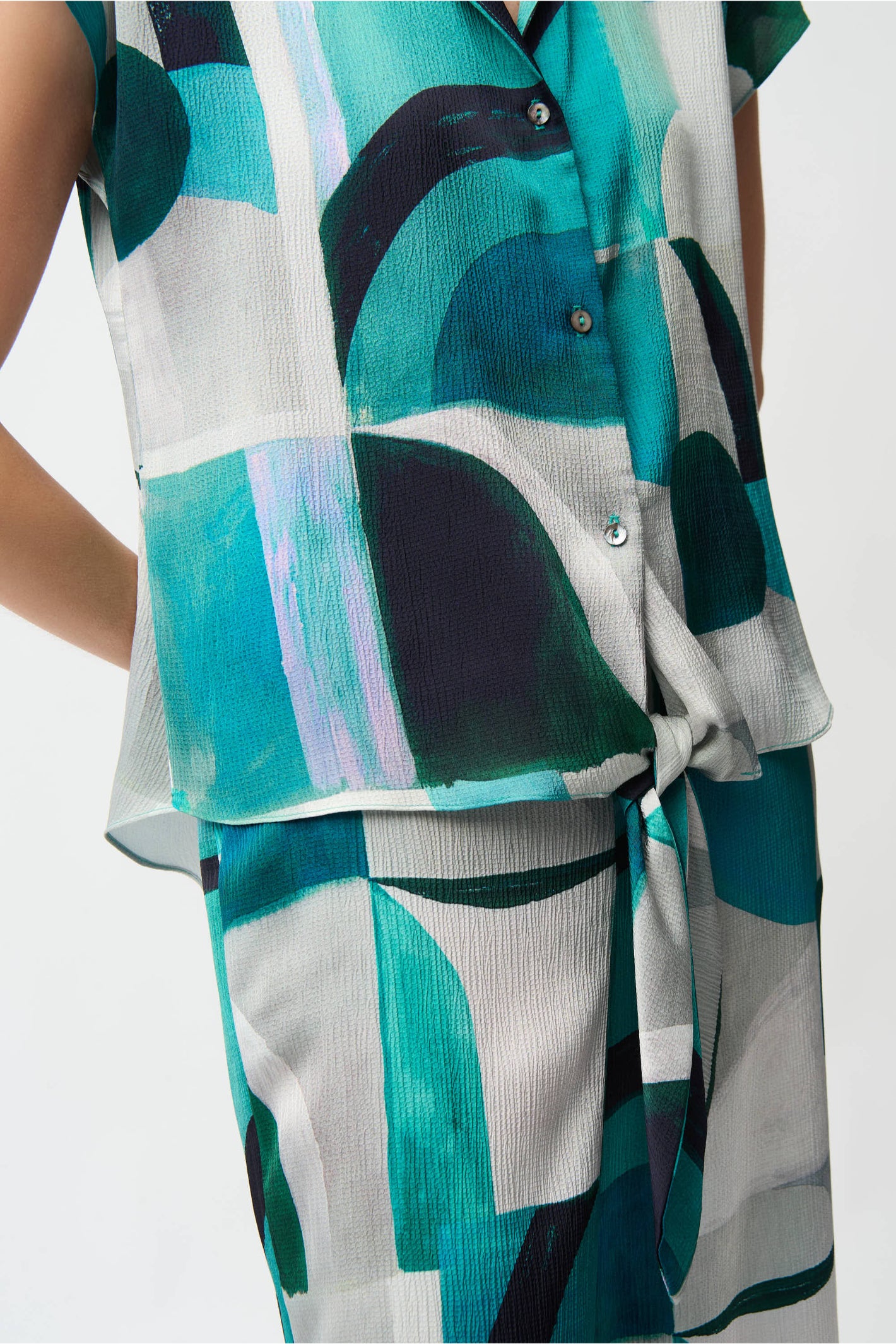 Joseph Ribkoff 261065 Textured Satin Geometric Print Boxy Top With Front Ties by joseph ribkoff shop the brand at Dotique close-up detail