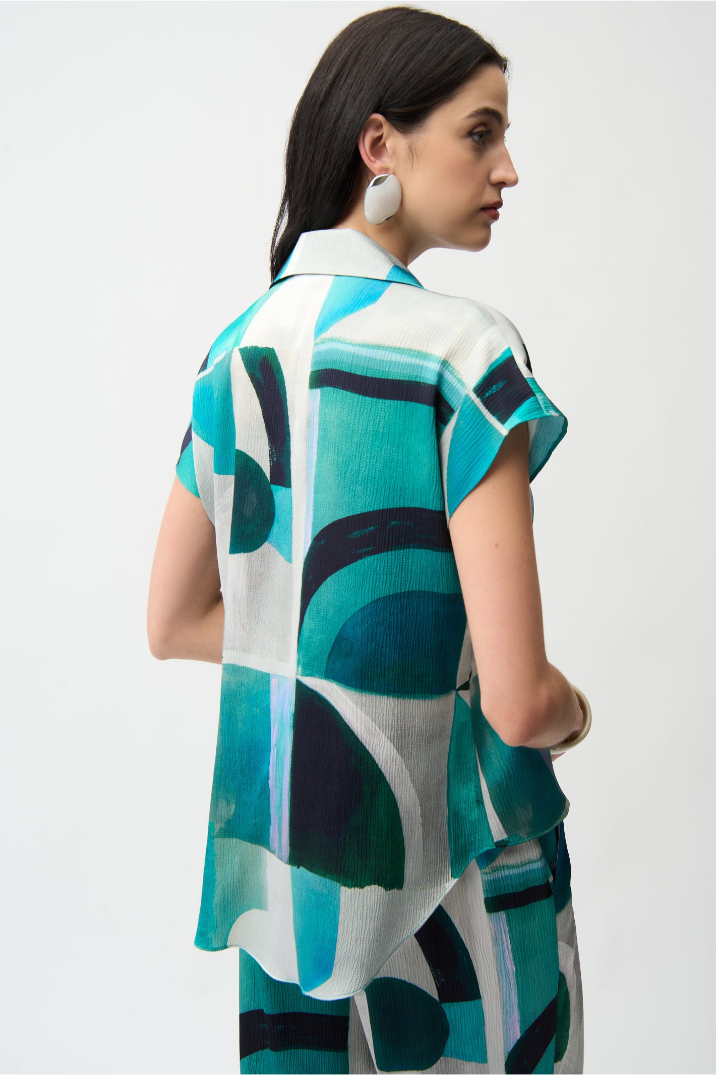 Joseph Ribkoff 261065 Textured Satin Geometric Print Boxy Top With Front Ties by joseph ribkoff shop at Dotique back view on model