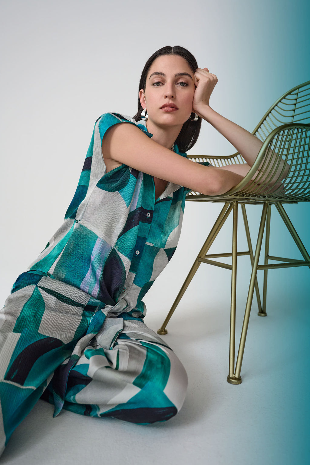 Joseph Ribkoff 261065 Textured Satin Geometric Print Boxy Top With Front Ties by joseph ribkoff shop at Dotique angled seated view