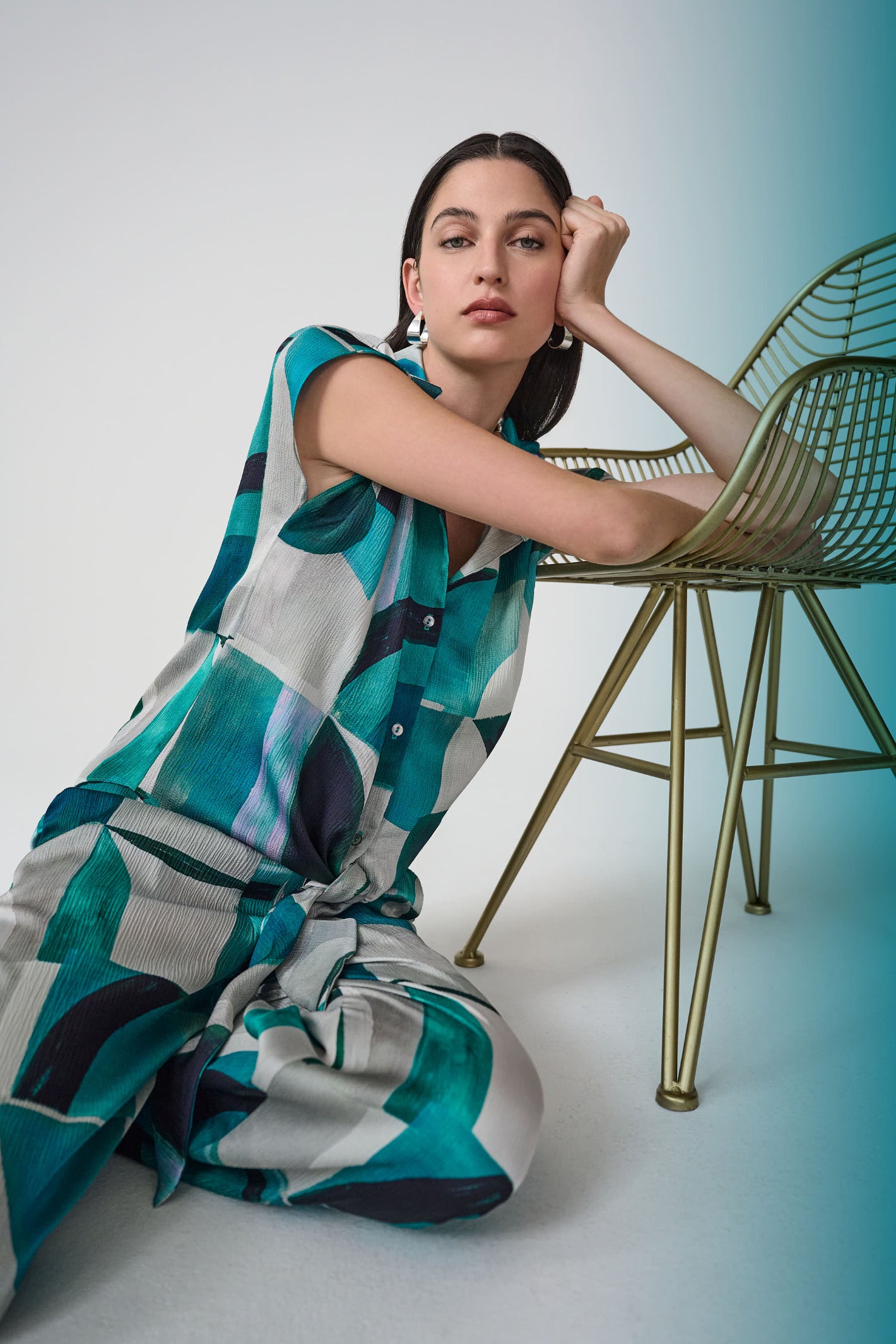 Joseph Ribkoff 261065 Textured Satin Geometric Print Boxy Top With Front Ties by joseph ribkoff shop at Dotique angled seated view