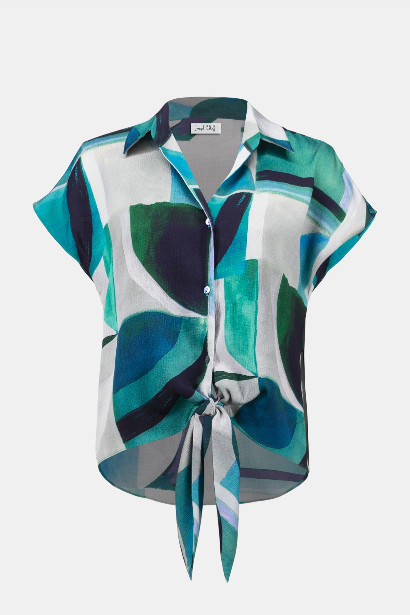 Joseph Ribkoff 261065 Textured Satin Geometric Print Boxy Top With Front Ties by joseph ribkoff shop at Dotique front view
