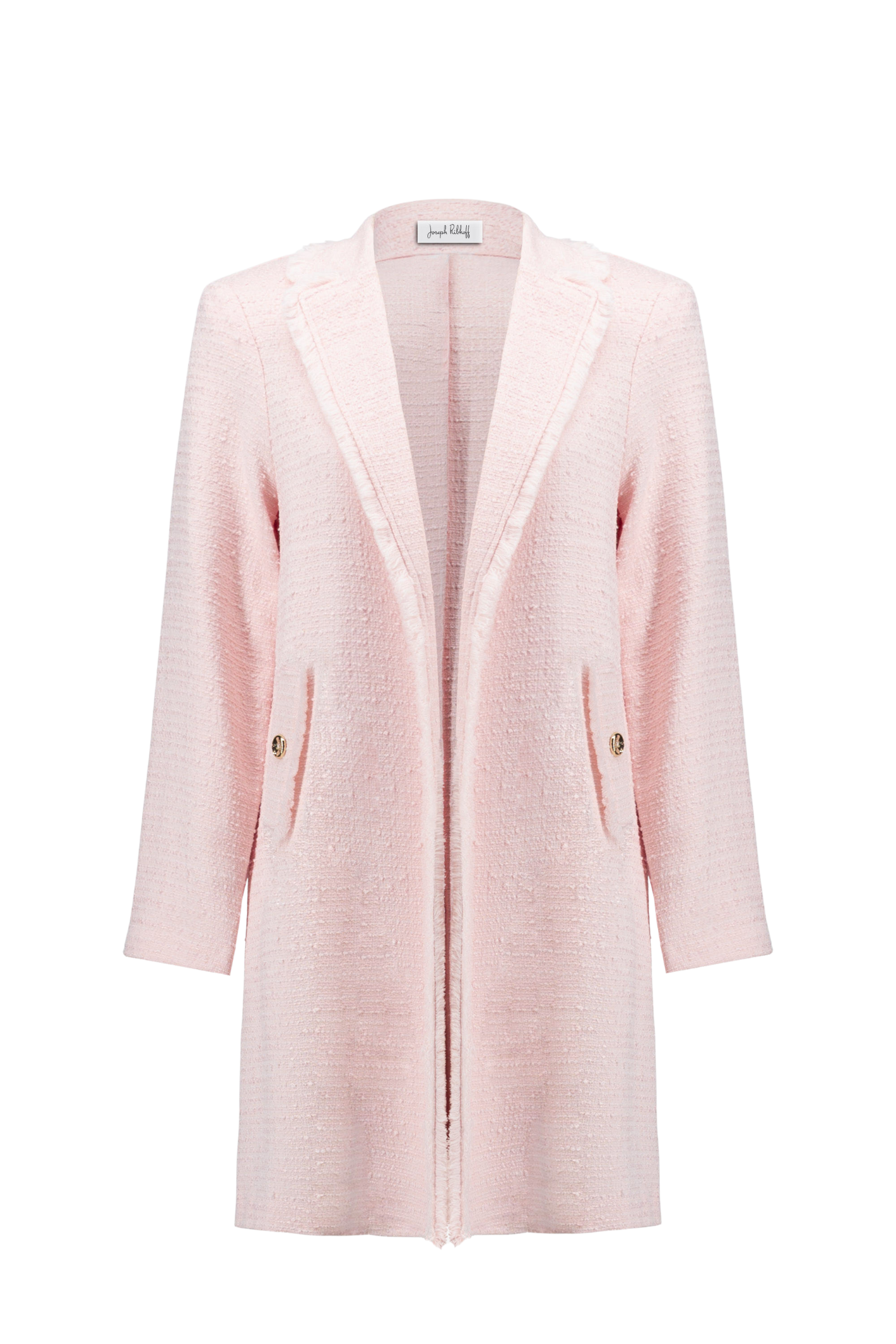 Joseph Ribkoff 261109 petal pink bouclé coat with fringe trim