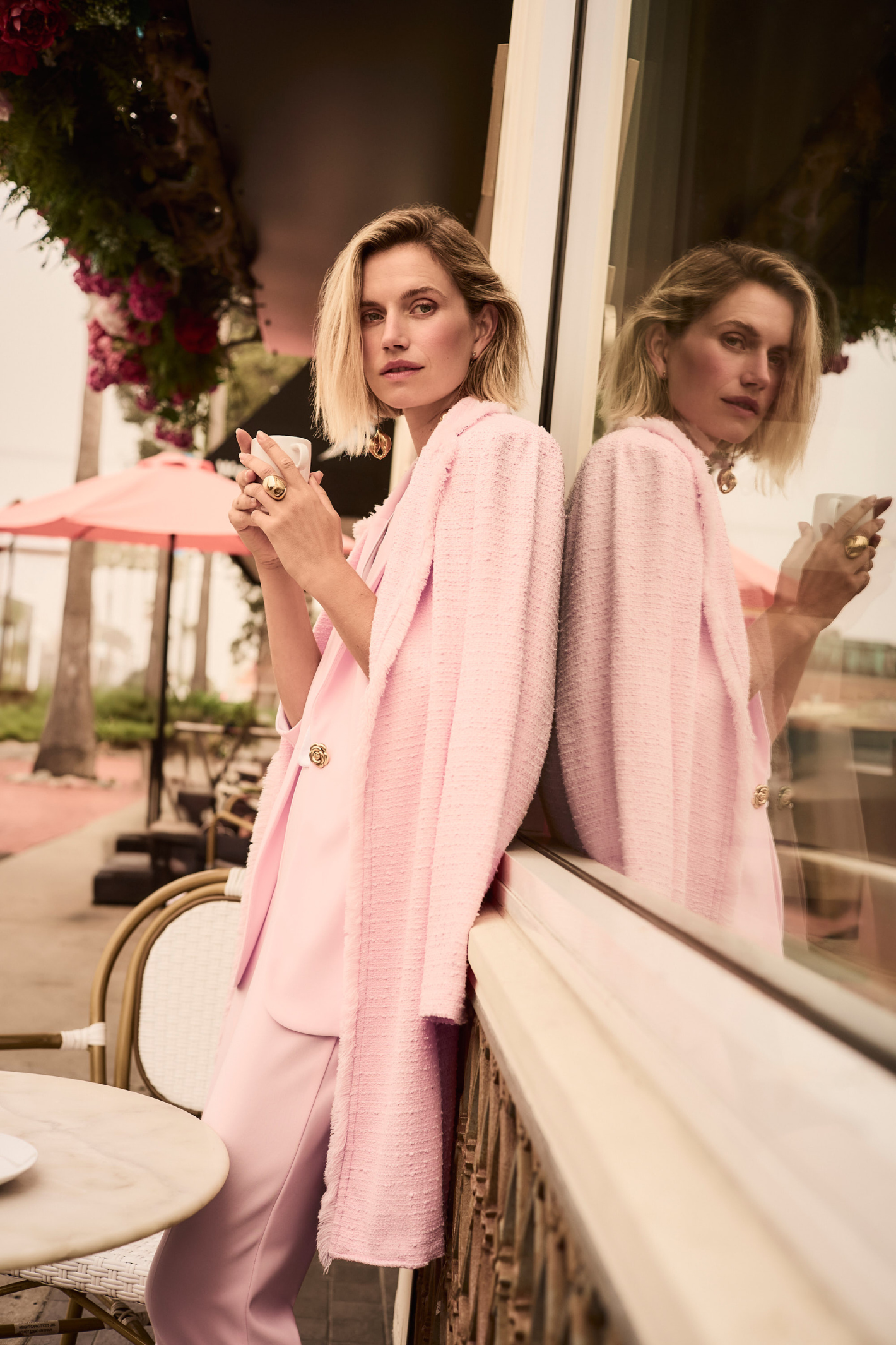 Joseph Ribkoff 261109 petal pink bouclé coat with fringe trim