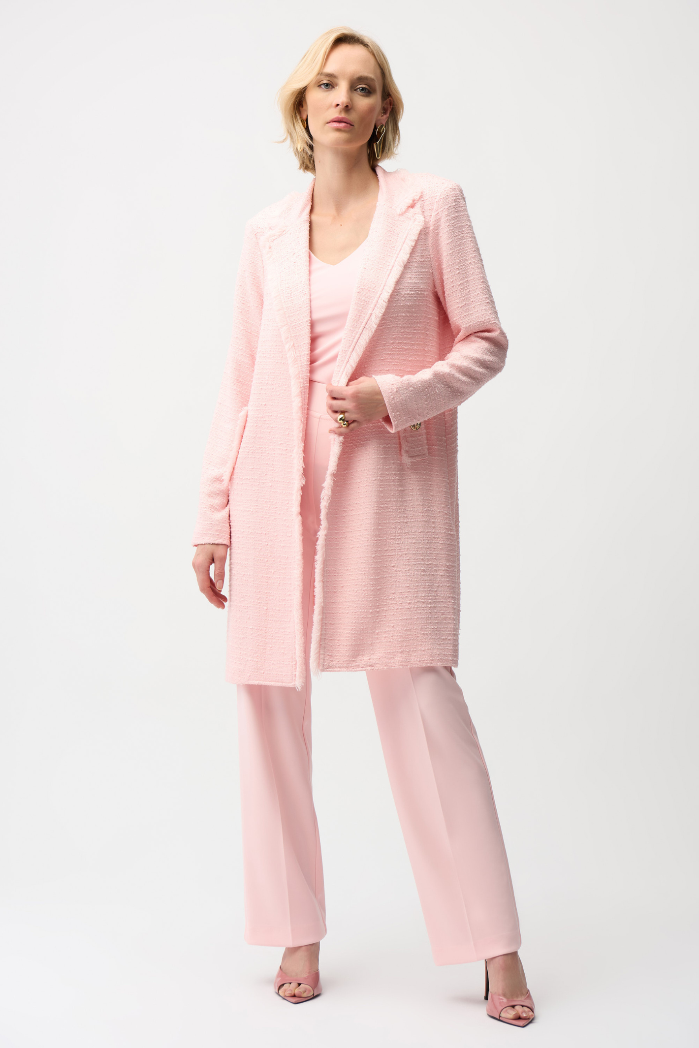 Joseph Ribkoff 261109 petal pink bouclé coat with fringe trim
