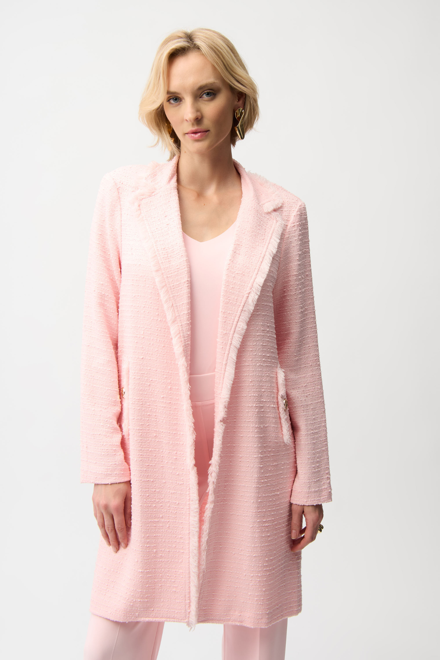 Joseph Ribkoff 261109 petal pink bouclé coat with fringe trim