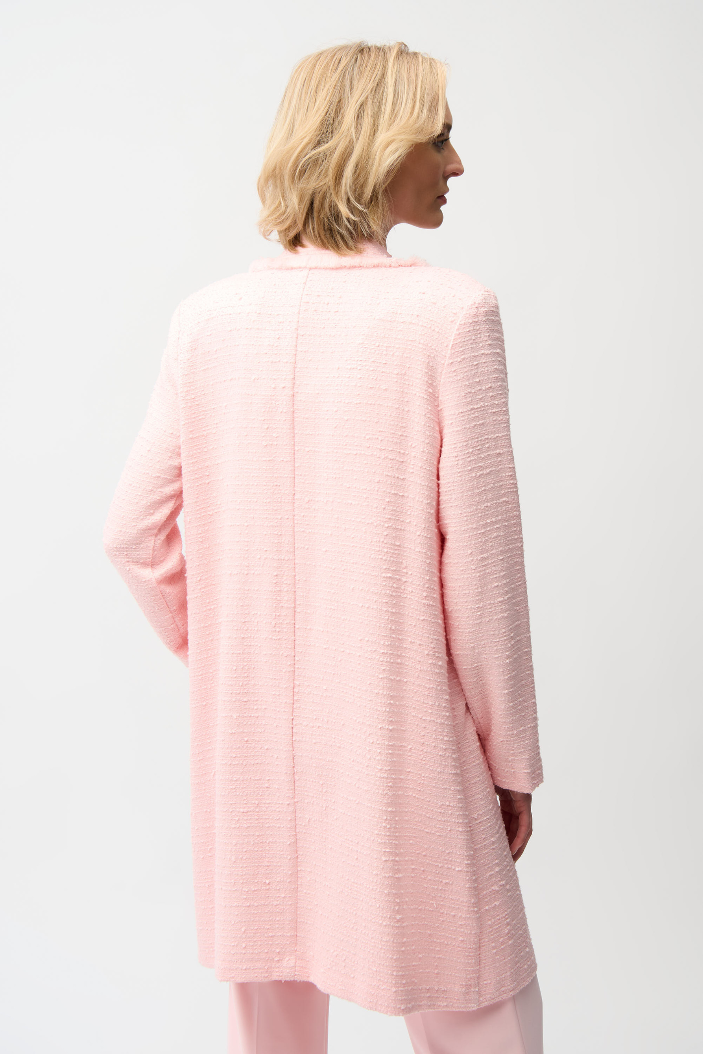 Joseph Ribkoff 261109 petal pink bouclé coat with fringe trim