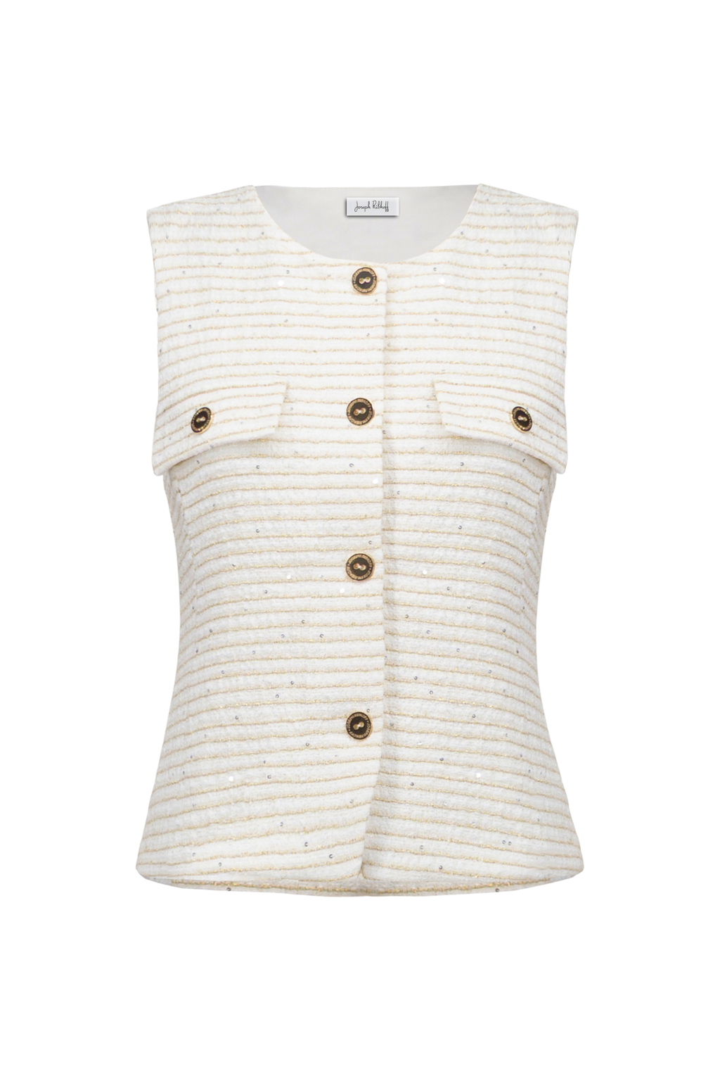 Joseph Ribkoff 261113 off-white bouclé sleeveless vest with gold buttons