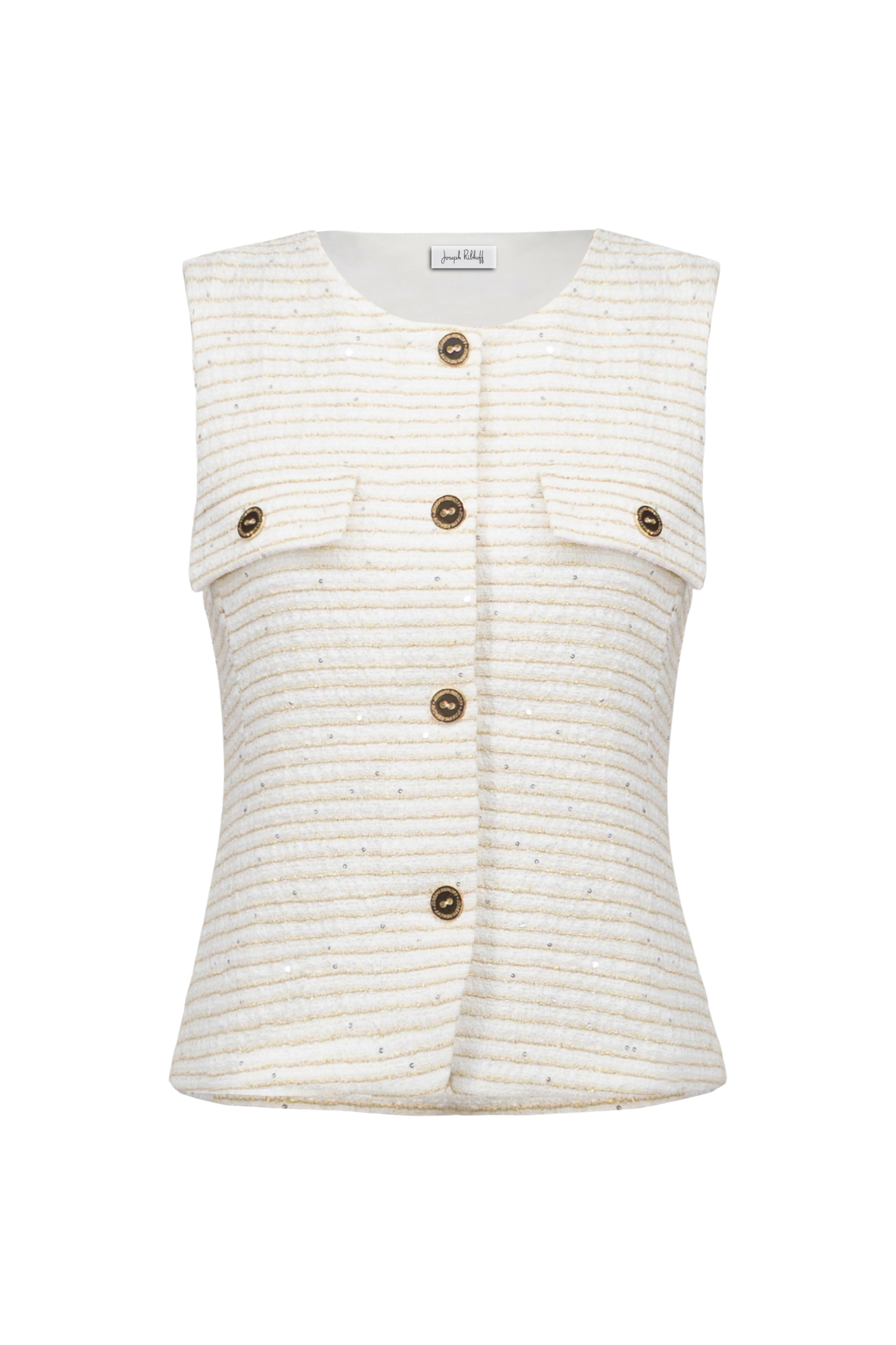 Joseph Ribkoff 261113 off-white bouclé sleeveless vest with gold buttons