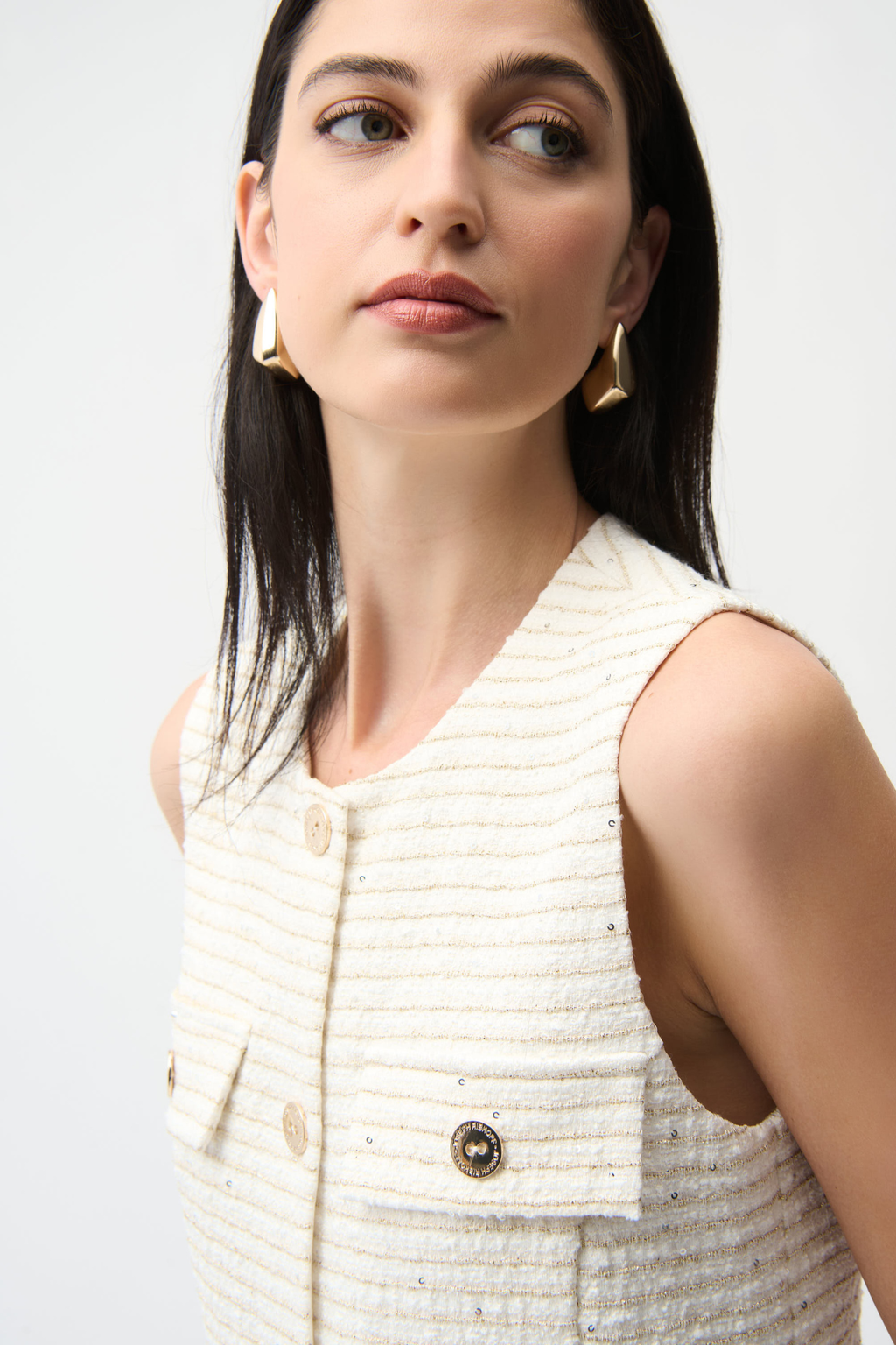 Joseph Ribkoff 261113 off-white bouclé sleeveless vest with gold buttons
