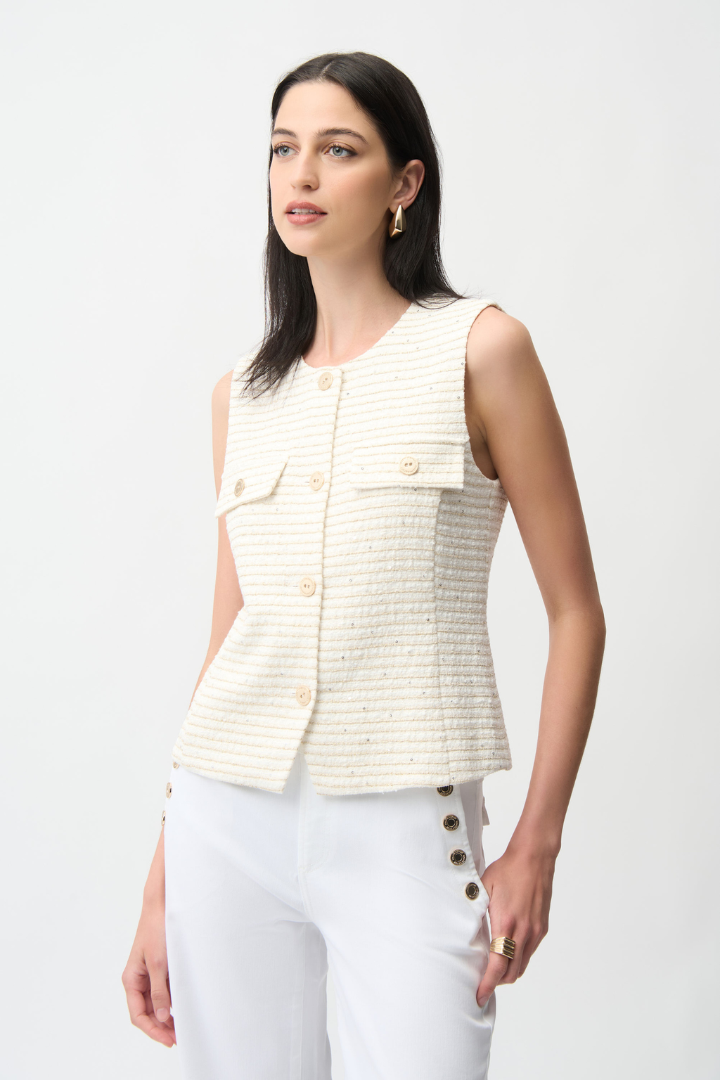 Joseph Ribkoff 261113 off-white bouclé sleeveless vest with gold buttons