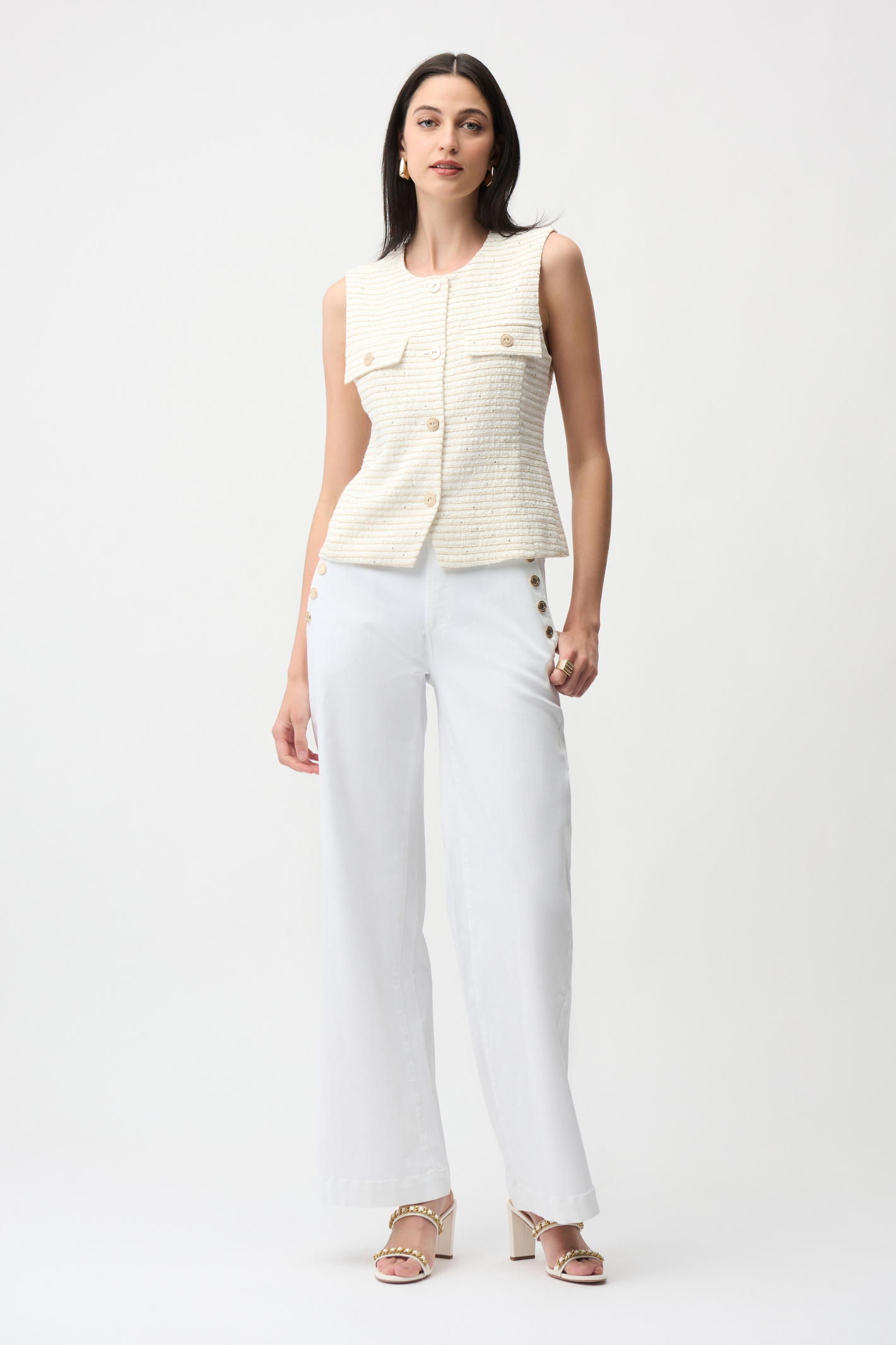 Joseph Ribkoff 261113 off-white bouclé sleeveless vest with gold buttons