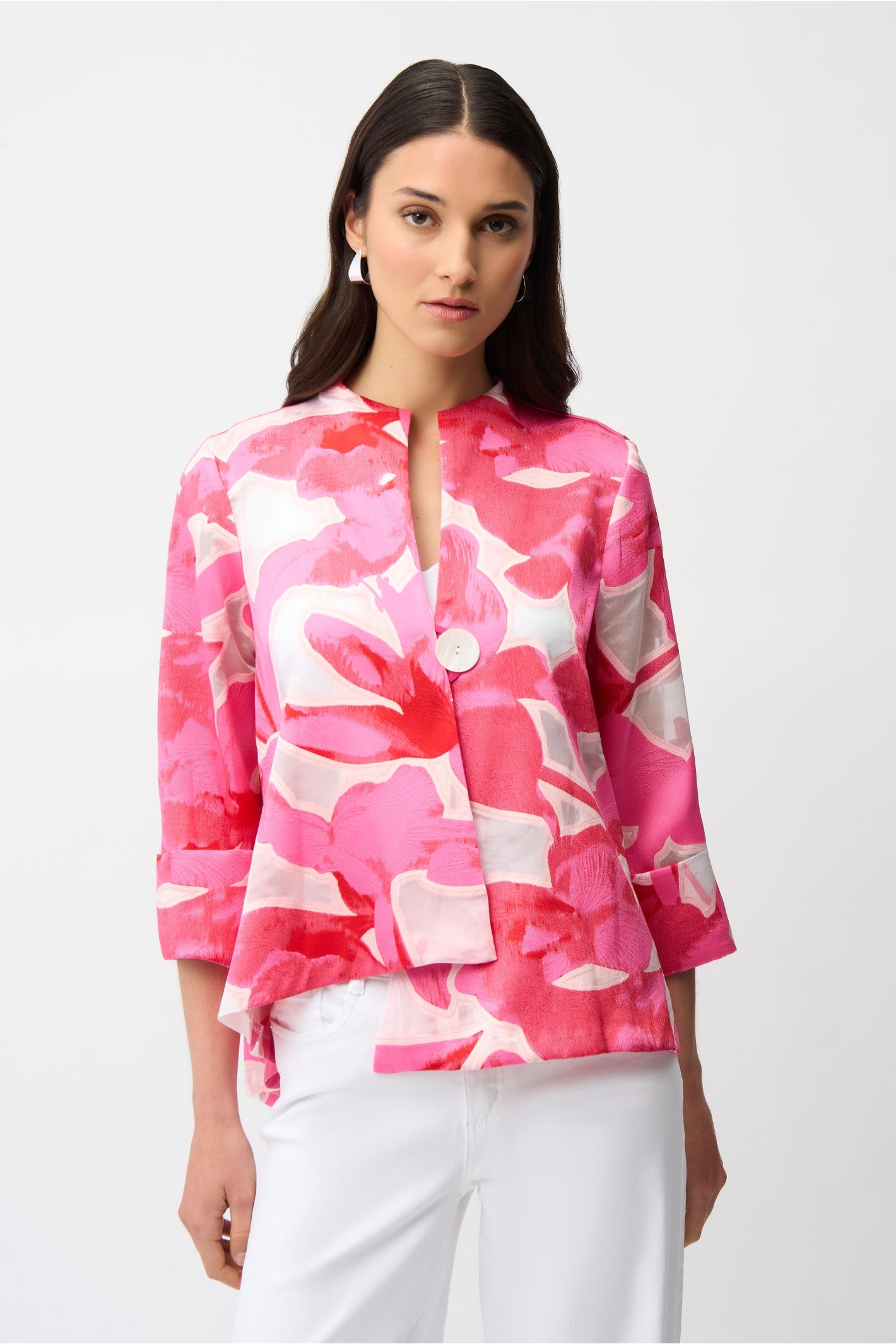 Joseph Ribkoff 261180 Pink Novelty Jacquard Floral Print Swing Jacket by joseph ribkoff shop the brand at Dotique front view on model