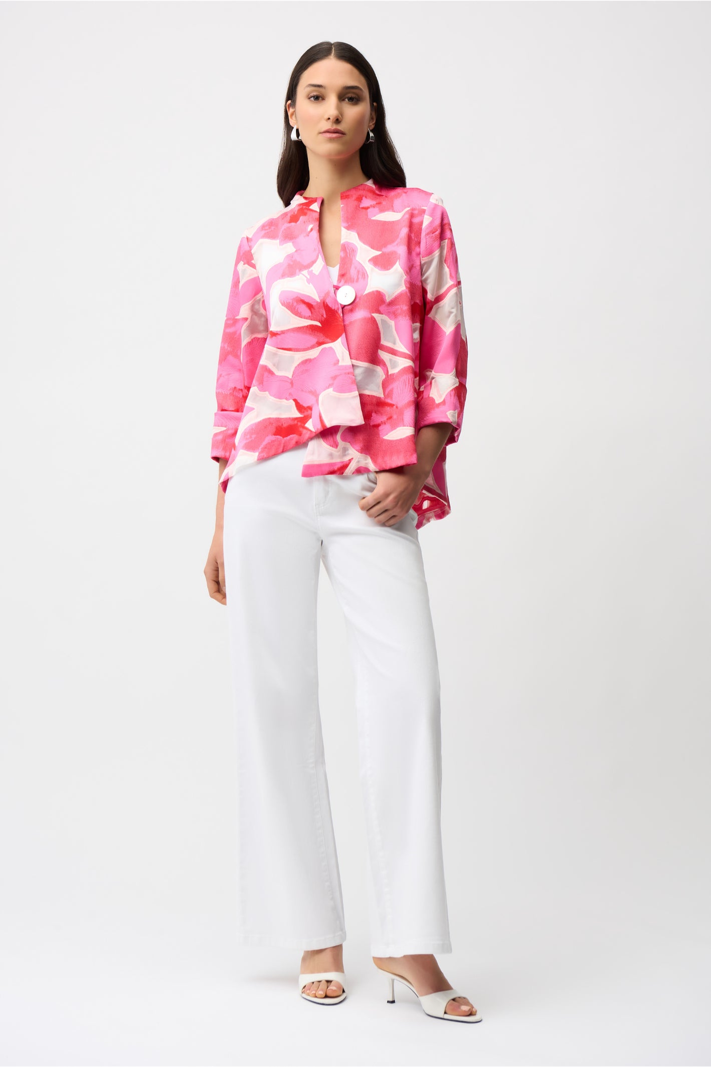 Joseph Ribkoff 261180 Pink Novelty Jacquard Floral Print Swing Jacket by joseph ribkoff shop the brand at Dotique full front view on model