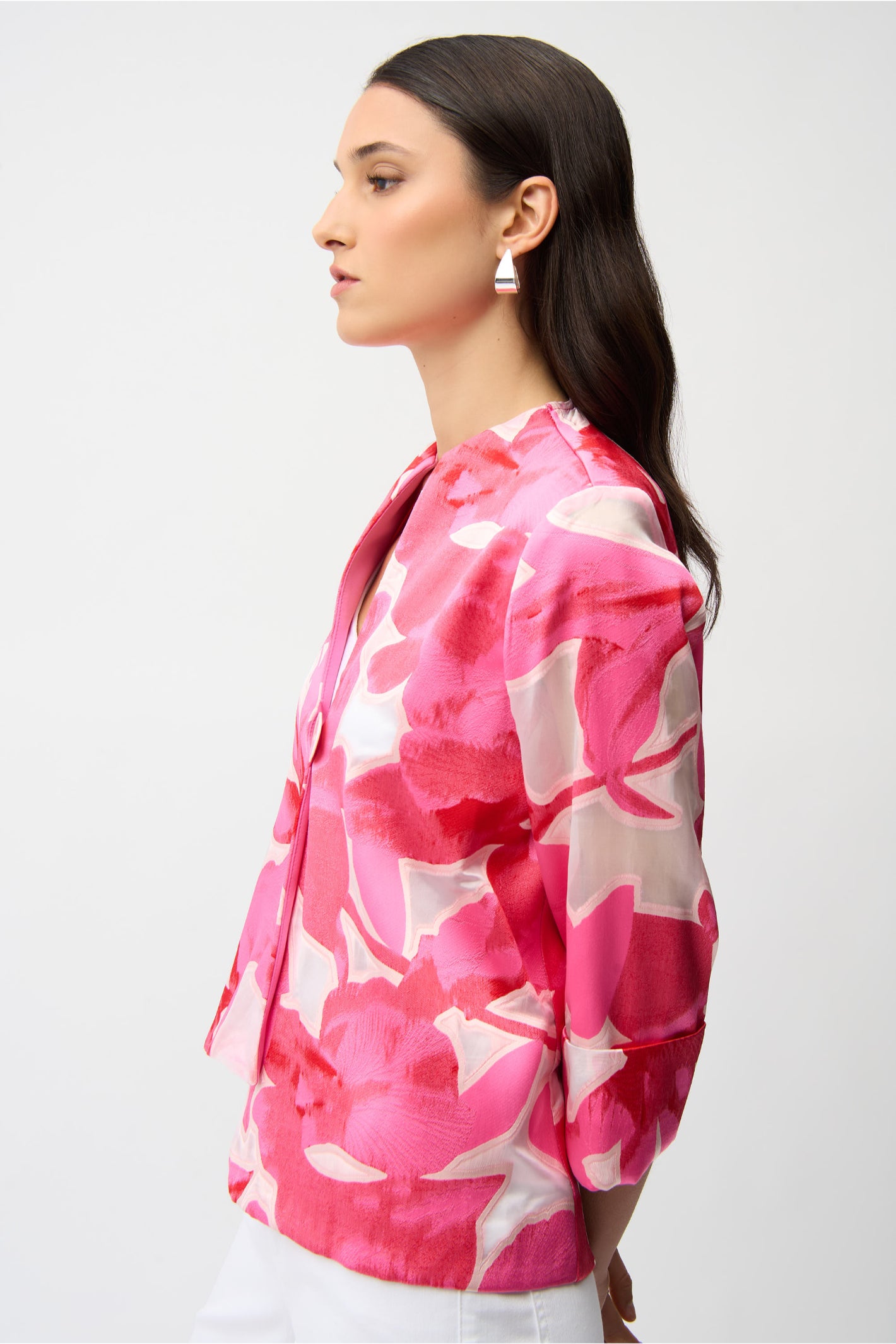 Joseph Ribkoff 261180 Pink Novelty Jacquard Floral Print Swing Jacket by joseph ribkoff shop the brand at Dotique side profile view