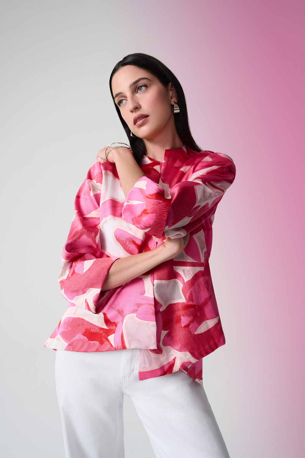 Joseph Ribkoff 261180 Pink Novelty Jacquard Floral Print Swing Jacket by joseph ribkoff shop the brand at Dotique front view on model