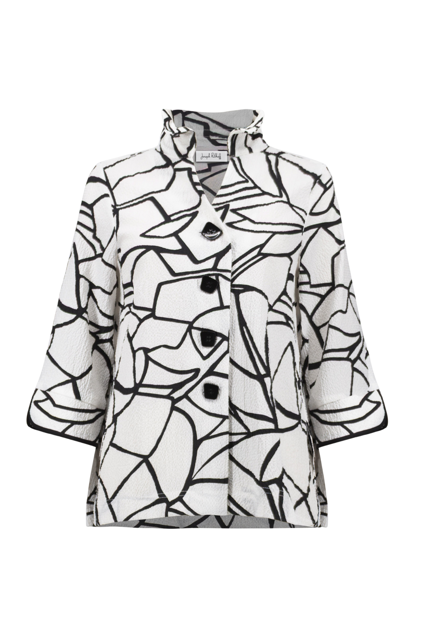 Joseph Ribkoff vanilla and black abstract seersucker trapeze jacket with contrast buttons at Dotique