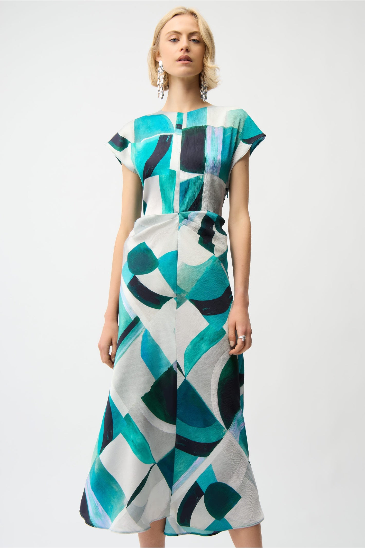 Joseph Ribkoff 261251 Blue Textured Satin Geometric Print Fit and Flare Dress by Joseph Ribkoff shop at Dotique front view