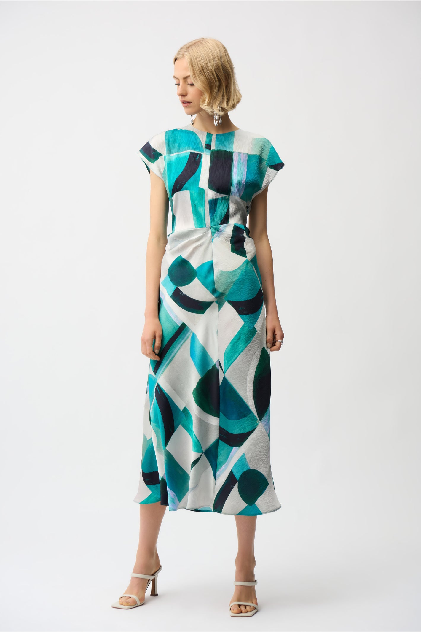 Joseph Ribkoff 261251 Blue Textured Satin Geometric Print Fit and Flare Dress by Joseph Ribkoff shop at Dotique front view