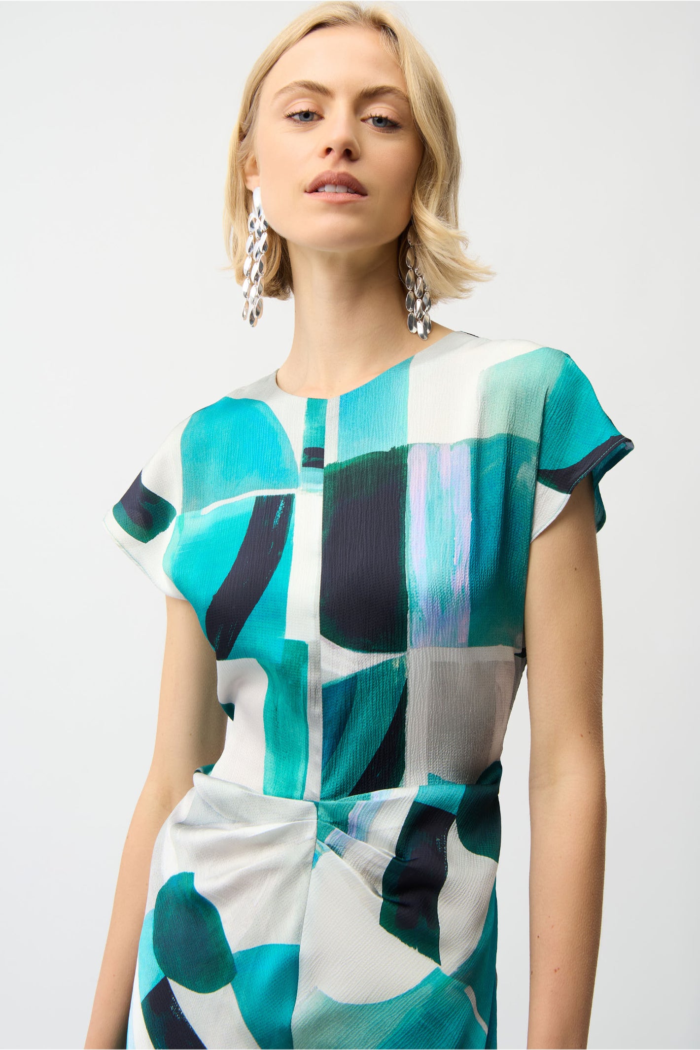 Joseph Ribkoff 261251 Blue Textured Satin Geometric Print Fit and Flare Dress by Joseph Ribkoff shop at Dotique close-up front view