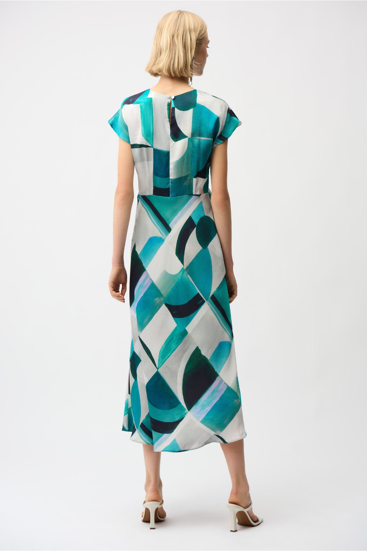 Joseph Ribkoff 261251 Blue Textured Satin Geometric Print Fit and Flare Dress by Joseph Ribkoff shop at Dotique back view
