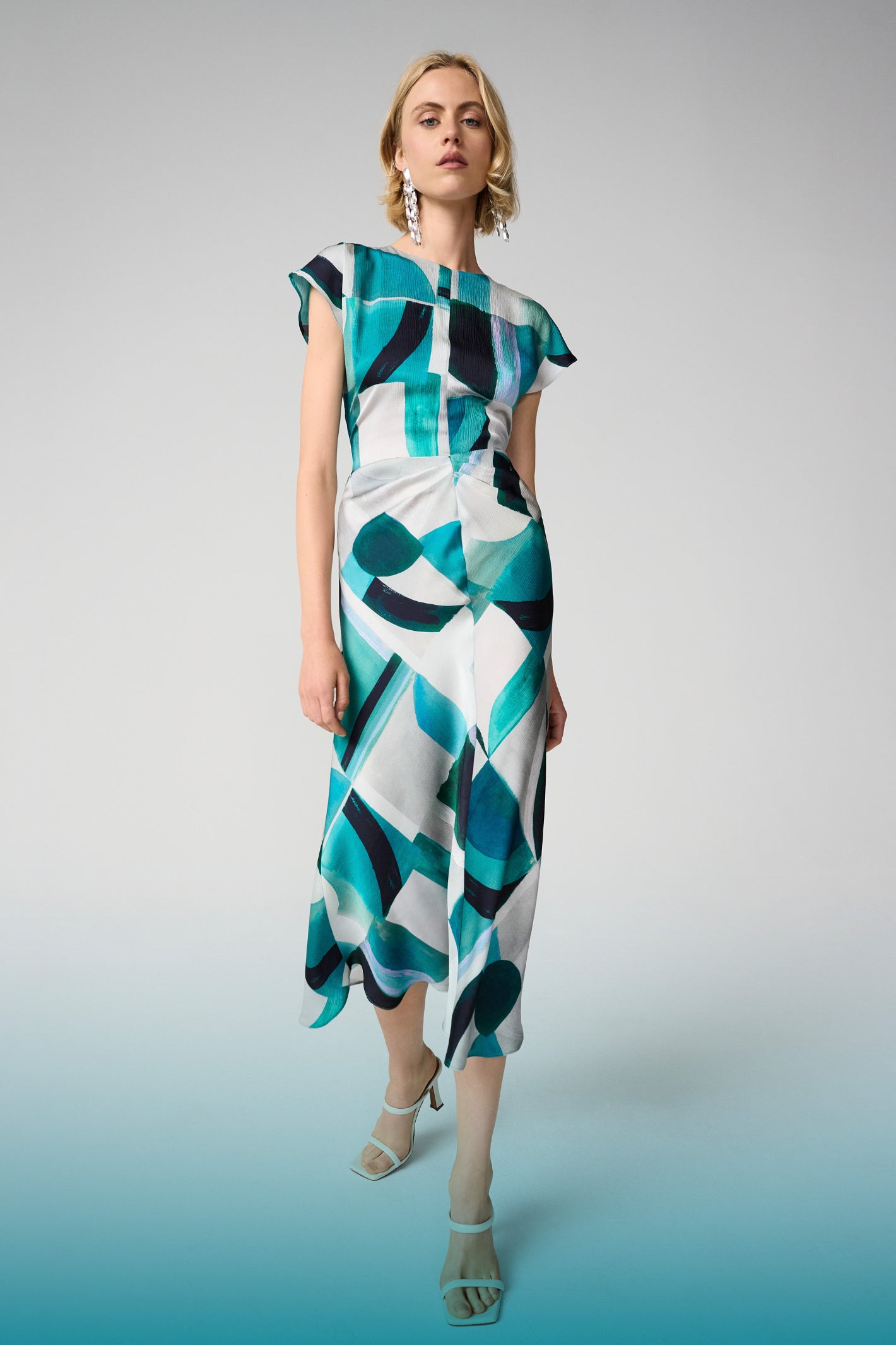 Joseph Ribkoff 261251 Blue Textured Satin Geometric Print Fit and Flare Dress by Joseph Ribkoff shop at Dotique