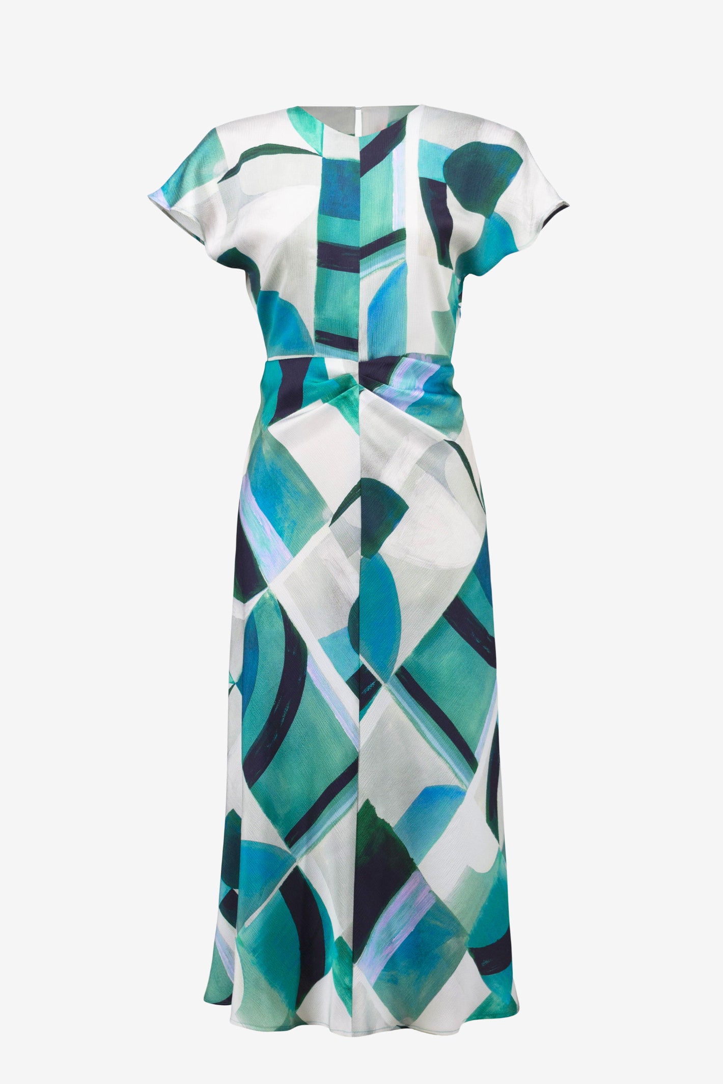 Joseph Ribkoff 261251 Blue Textured Satin Geometric Print Fit and Flare Dress by Joseph Ribkoff shop at Dotique