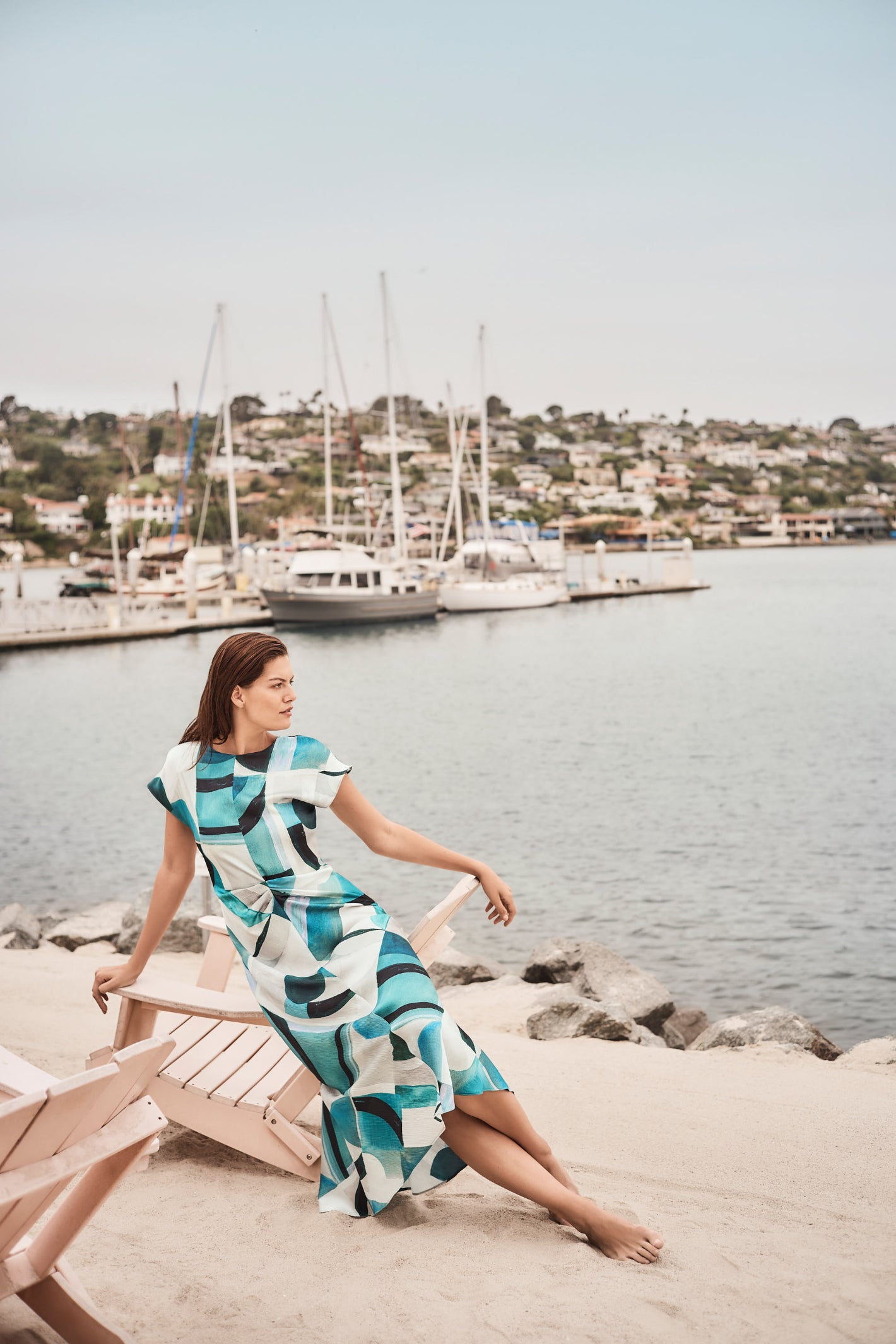 Joseph Ribkoff 261251 Blue Textured Satin Geometric Print Fit and Flare Dress by Joseph Ribkoff shop at Dotique seaside setting