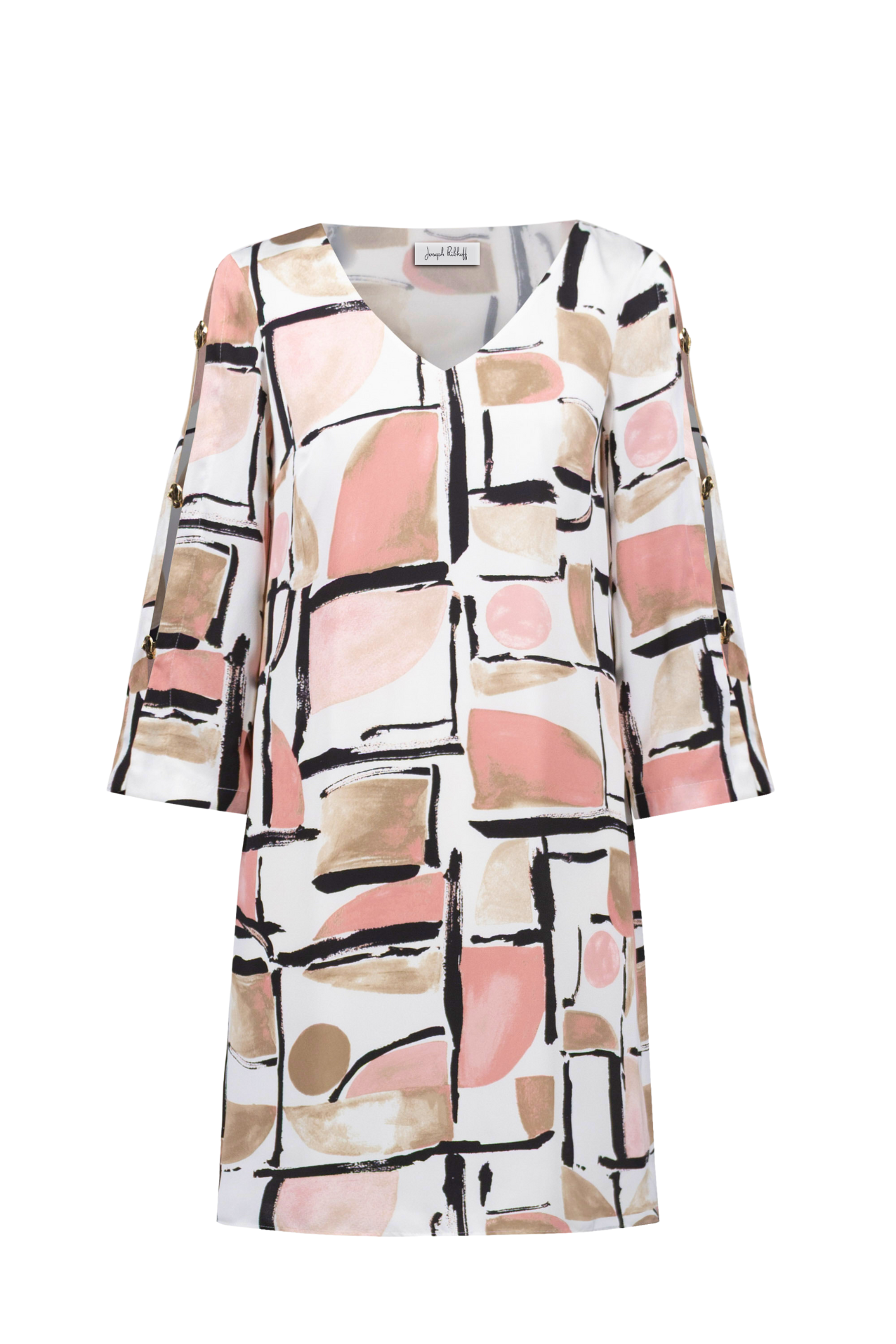 Women’s abstract print satin trapeze dress by Joseph Ribkoff, style 261258.