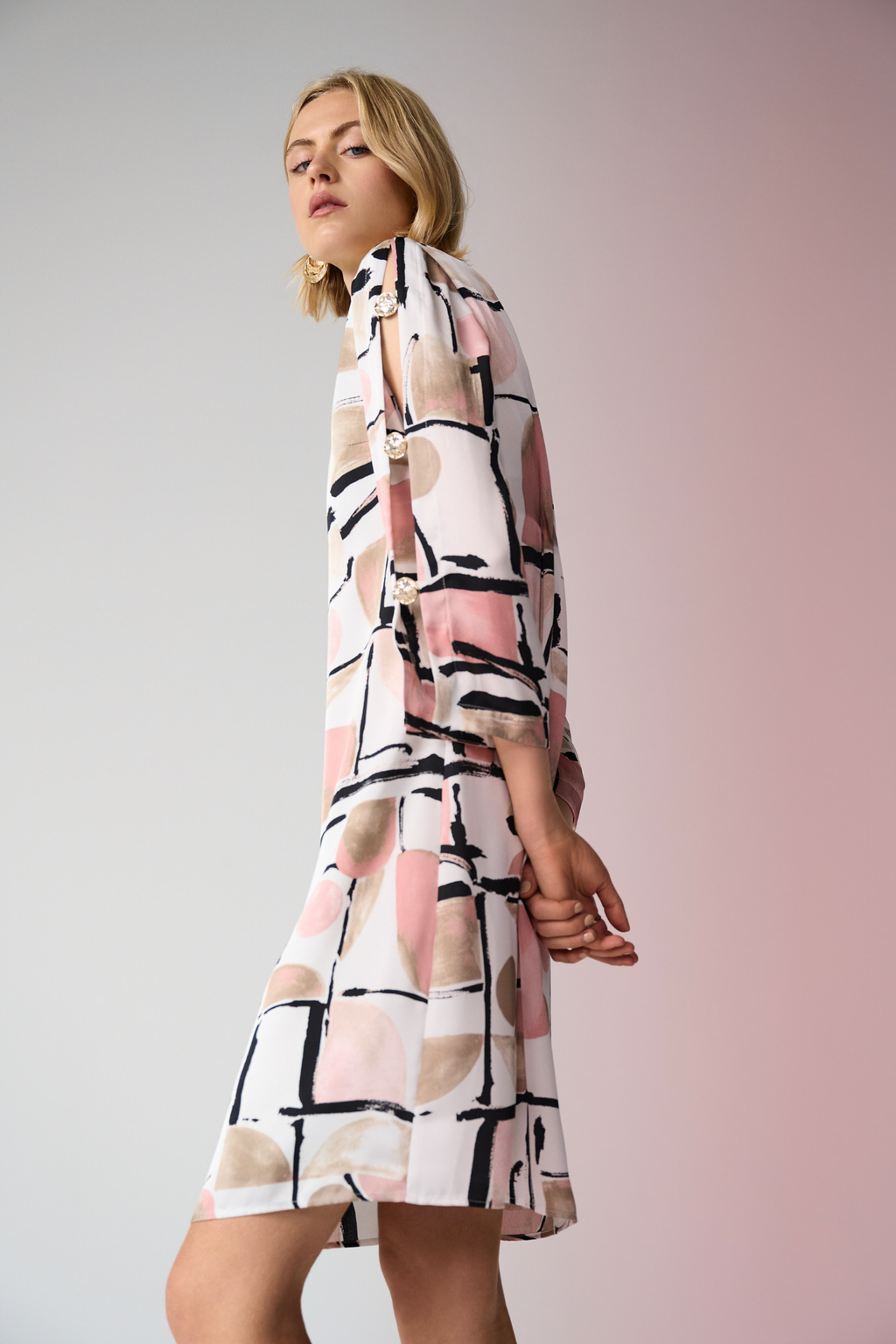 Women’s abstract print satin trapeze dress by Joseph Ribkoff, style 261258.