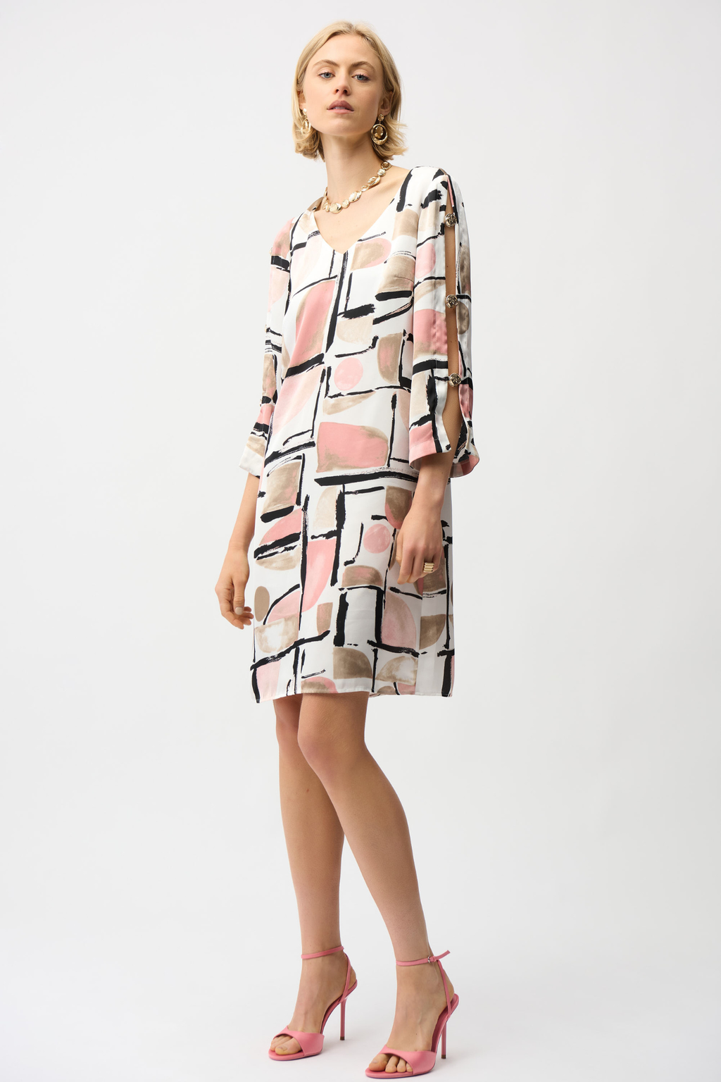 Women’s abstract print satin trapeze dress by Joseph Ribkoff, style 261258.