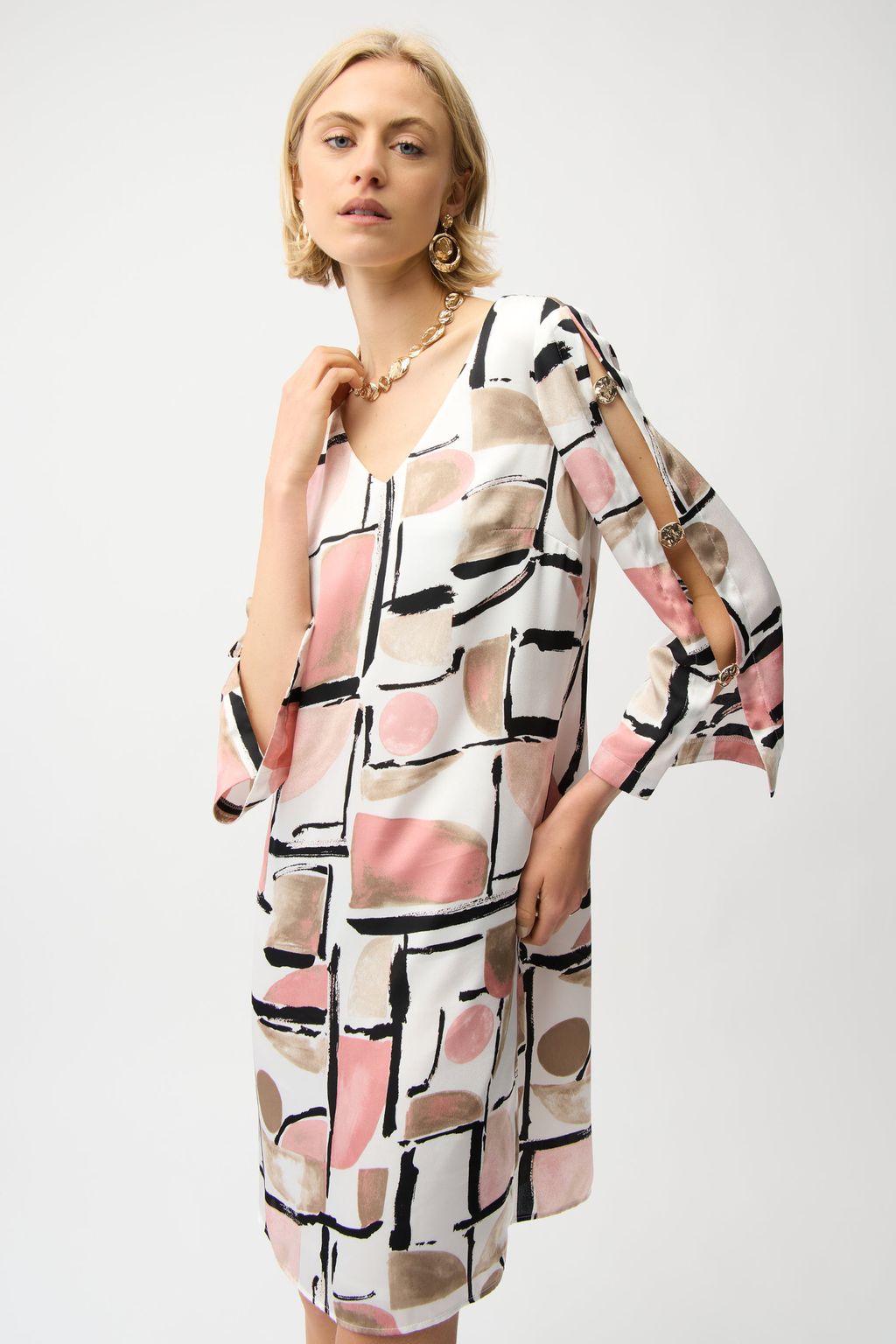 Women’s abstract print satin trapeze dress by Joseph Ribkoff, style 261258.