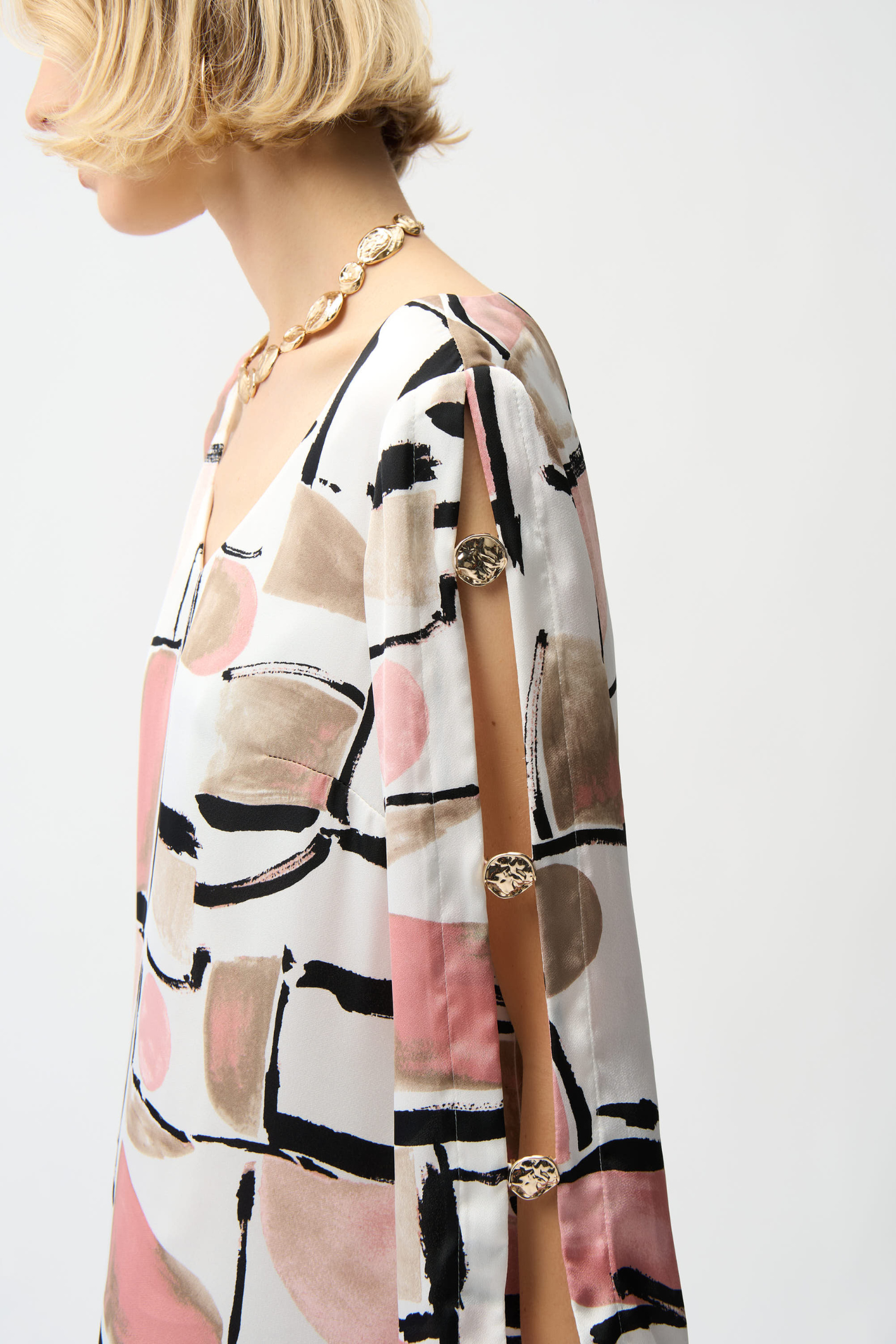 Women’s abstract print satin trapeze dress by Joseph Ribkoff, style 261258.