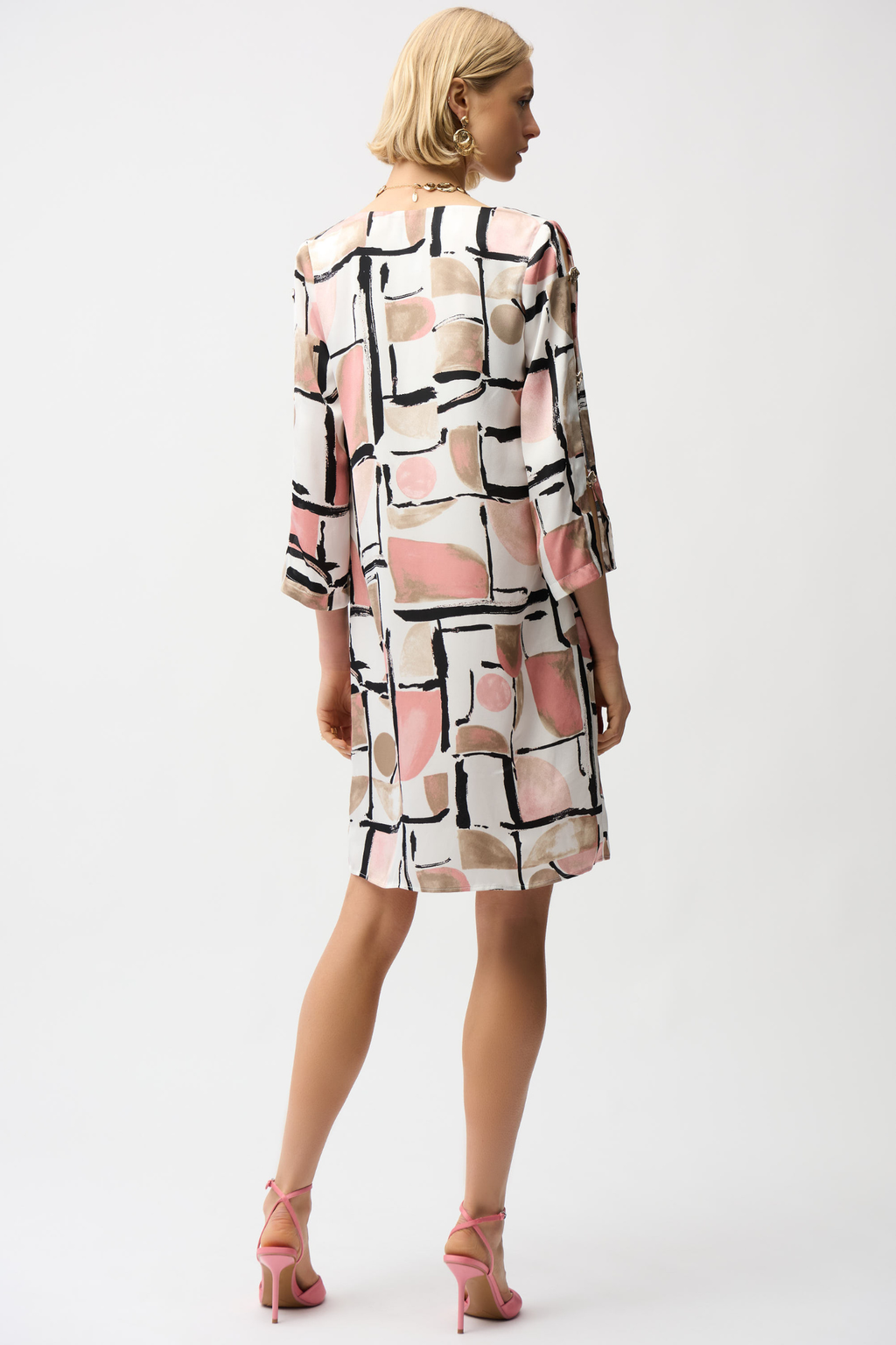 Women’s abstract print satin trapeze dress by Joseph Ribkoff, style 261258.
