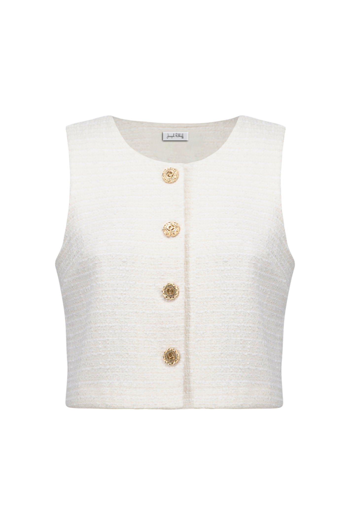 Women’s off-white bouclé vest with gold button front by Joseph Ribkoff