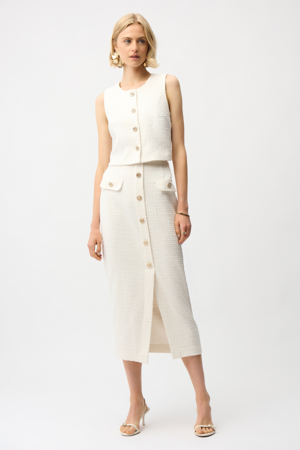 Women’s off-white bouclé vest with gold button front by Joseph Ribkoff